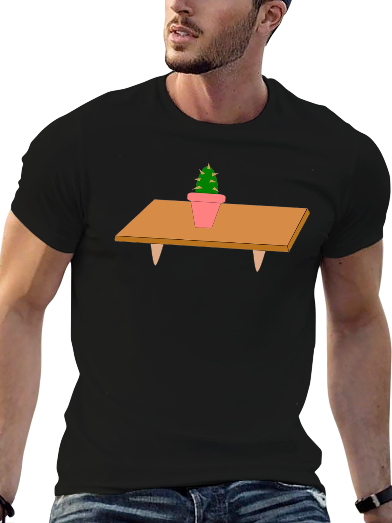 Cactus on Table Graphic T-Shirt - Unique Print Tee