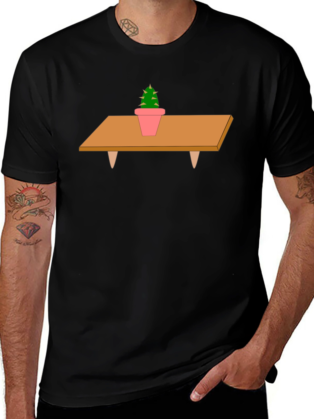 Cactus on Table Graphic T-Shirt - Unique Print Tee