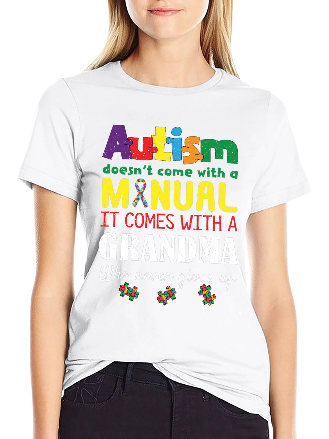 Autism Grandma T-Shirt:  Never Gives Up Support Tee