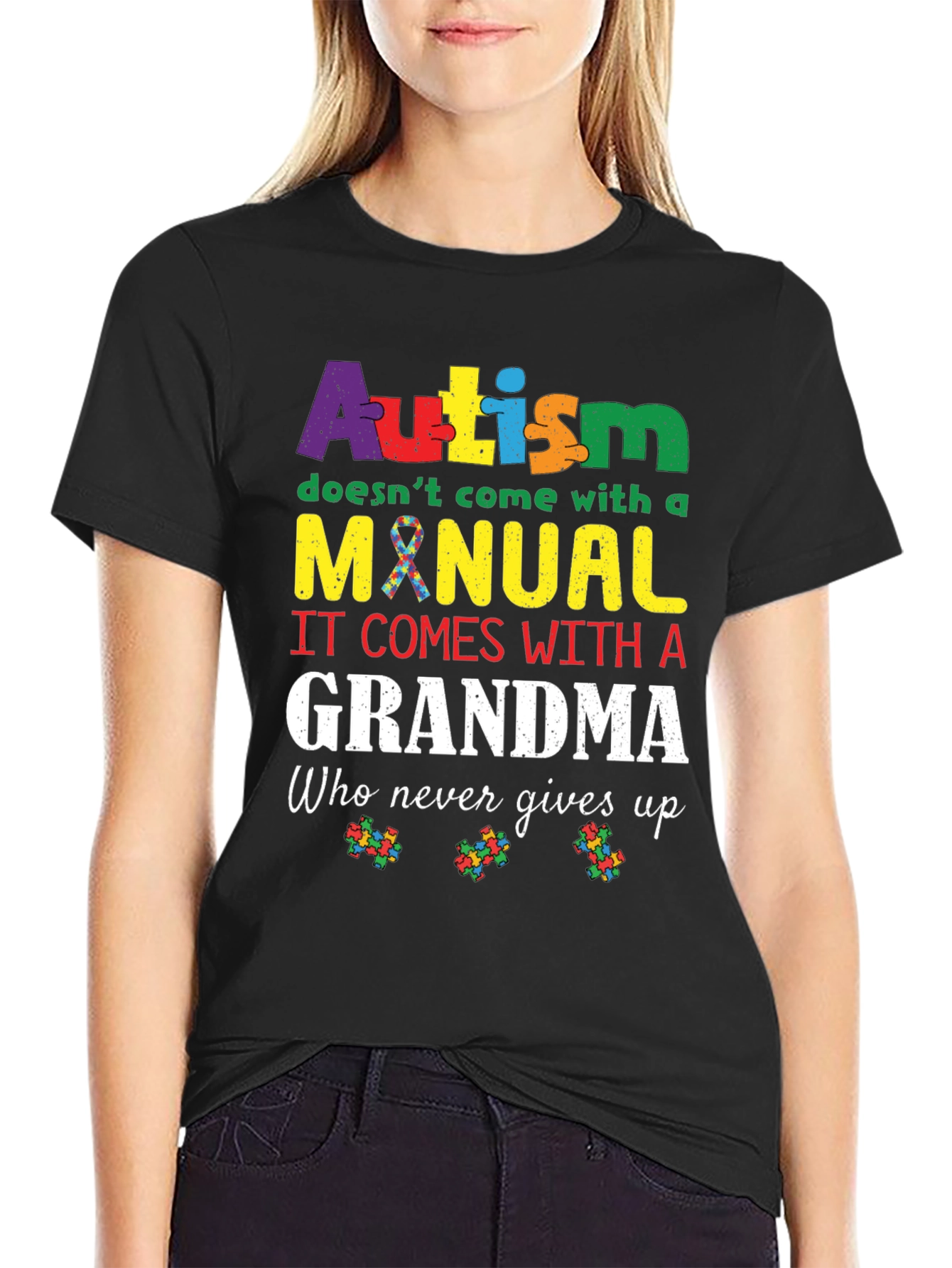 Autism Grandma T-Shirt:  Never Gives Up Support Tee