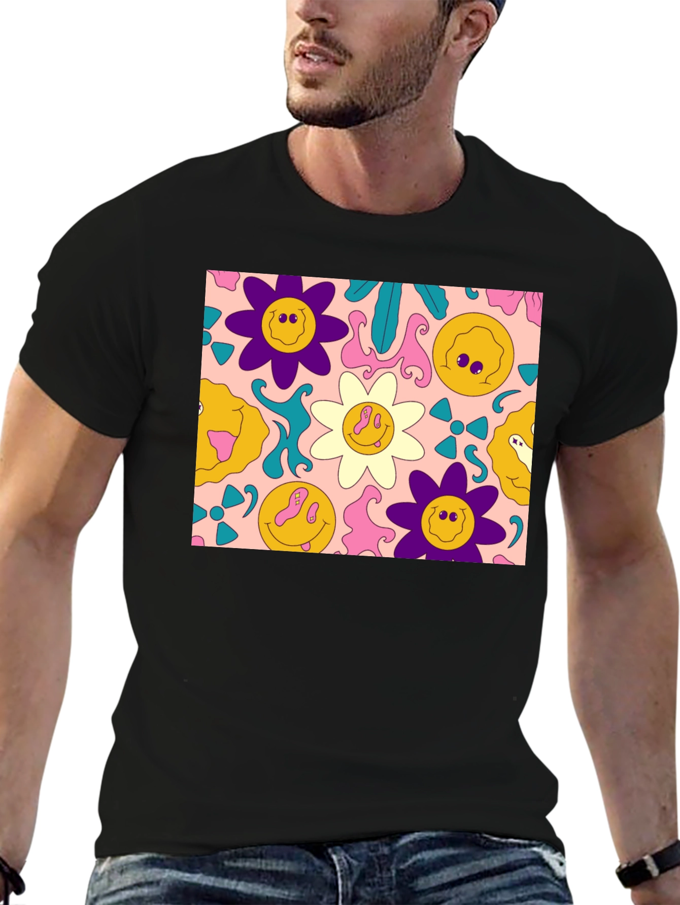 Groovy Retro Floral Graphic Tee - Black