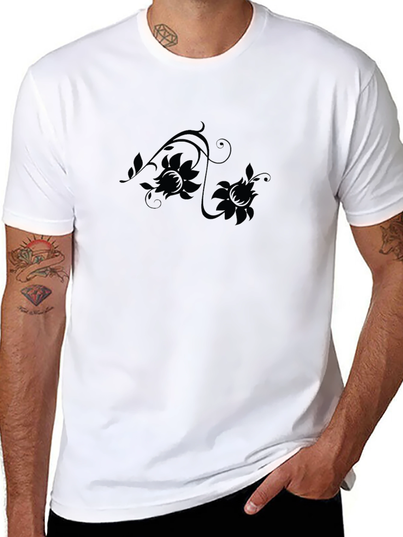 Elegant Floral Design Black T-Shirt