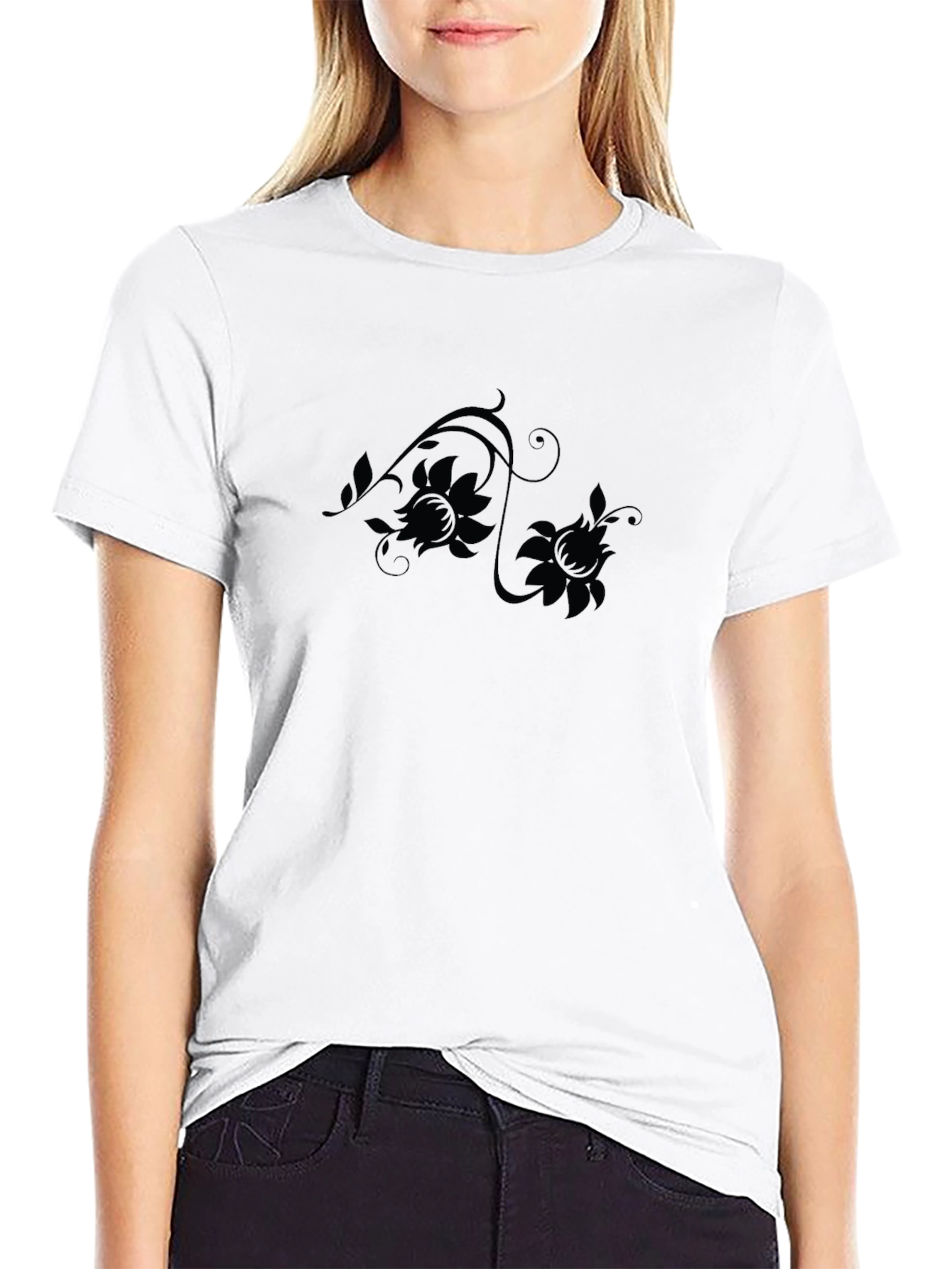 Elegant Floral Design Black T-Shirt