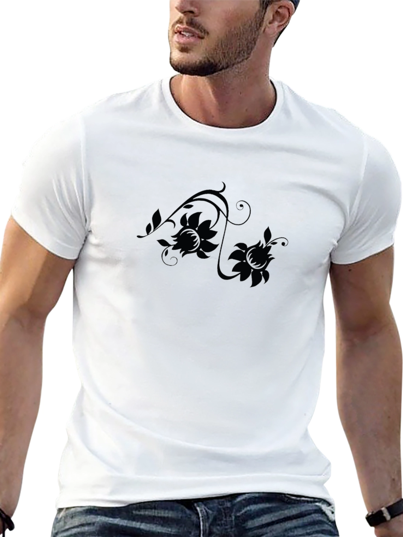Elegant Floral Design Black T-Shirt