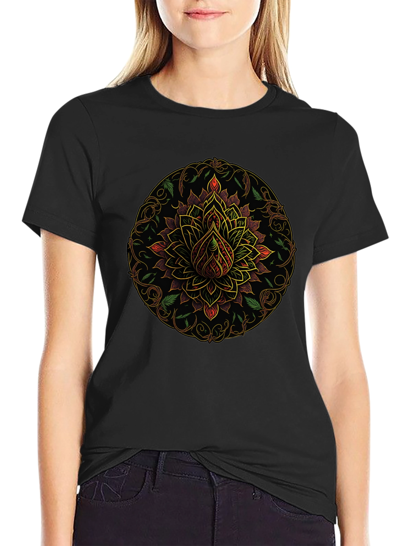 Mandala Lotus Flower Graphic T-Shirt - Black