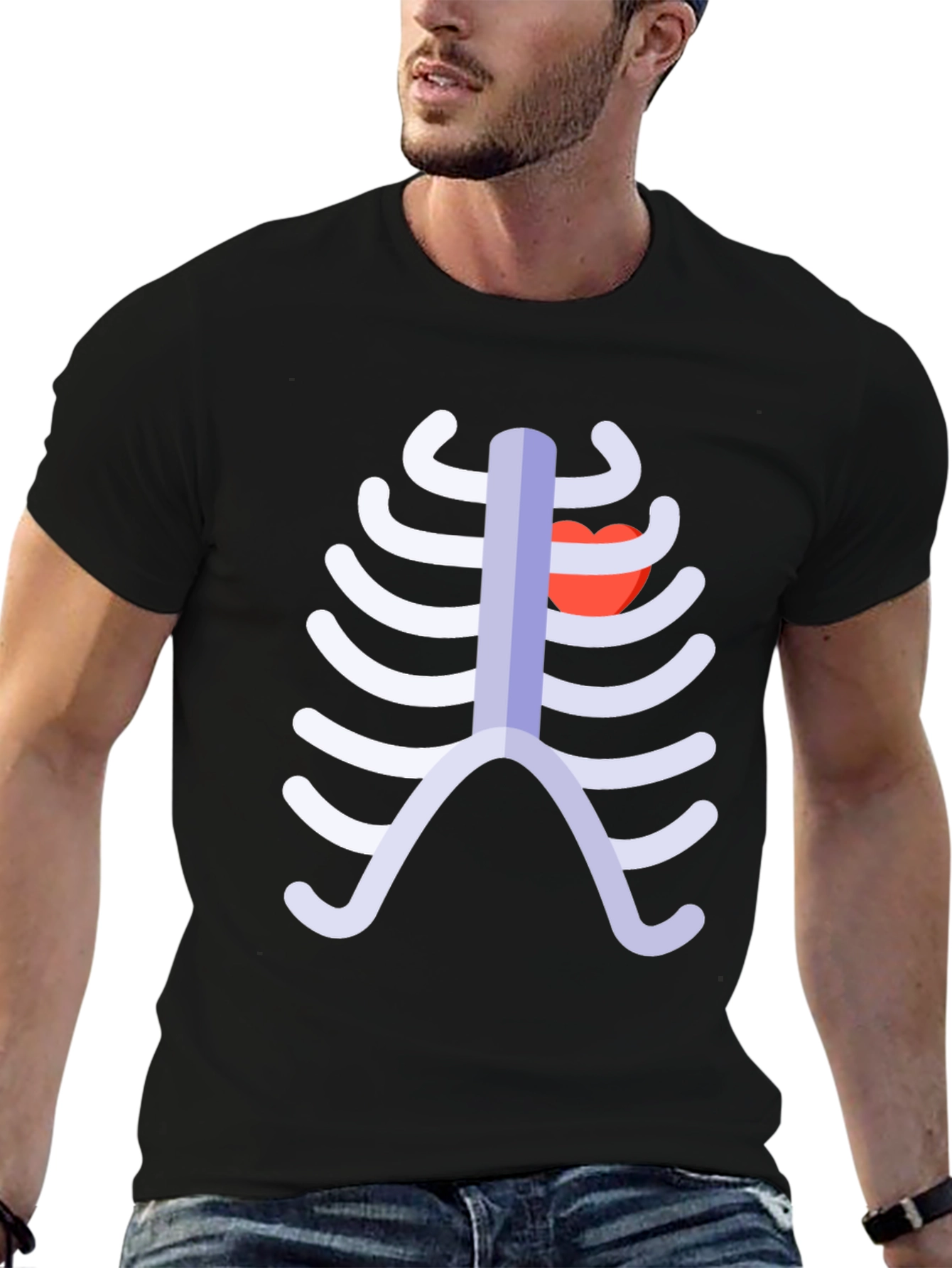Skeleton Rib Cage Heart Graphic Tee - Black