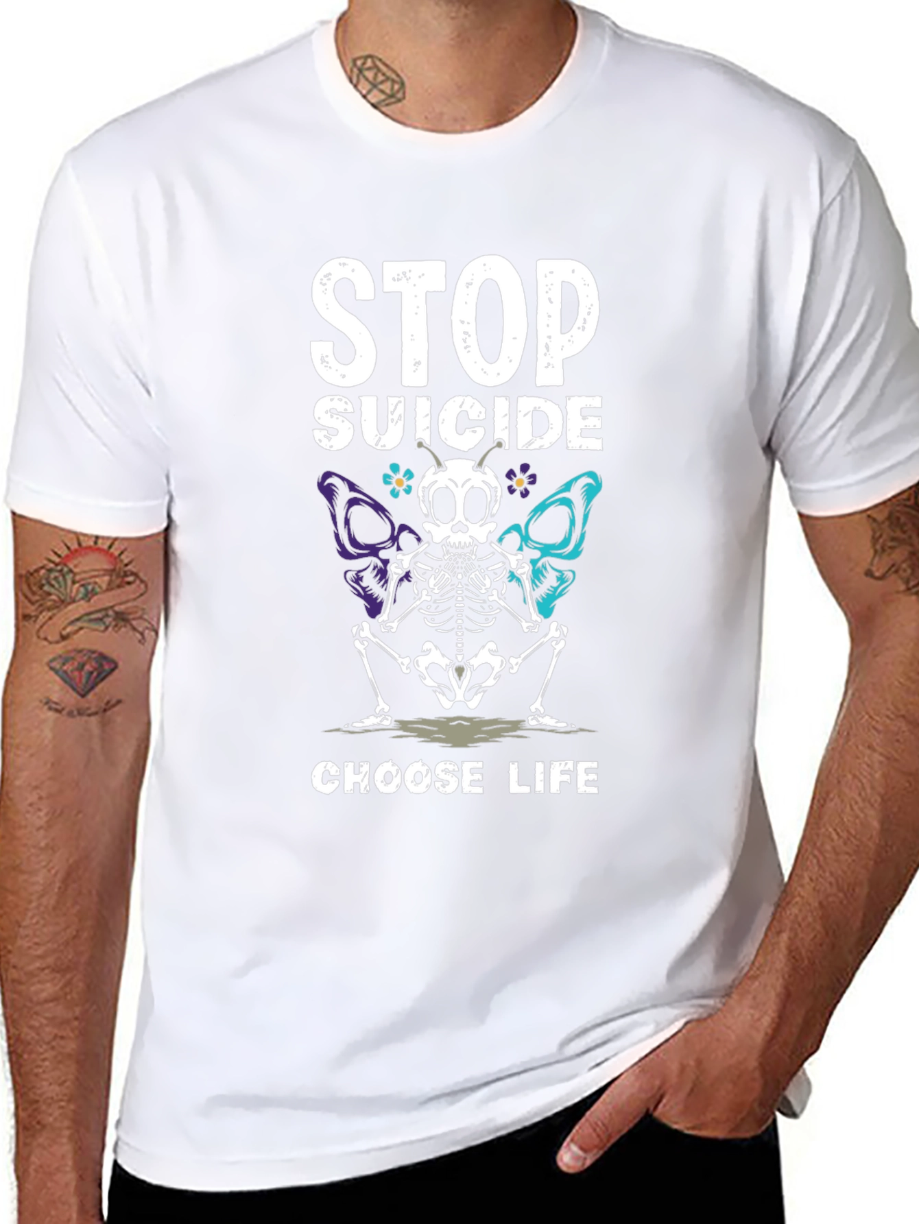 Stop Suicide T-Shirt Choose Life Skeleton Butterfly Tee