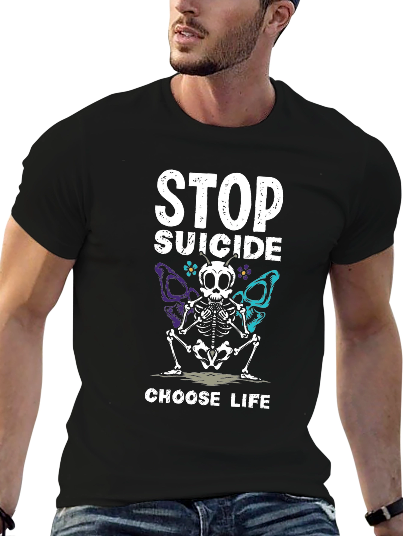 Stop Suicide T-Shirt Choose Life Skeleton Butterfly Tee