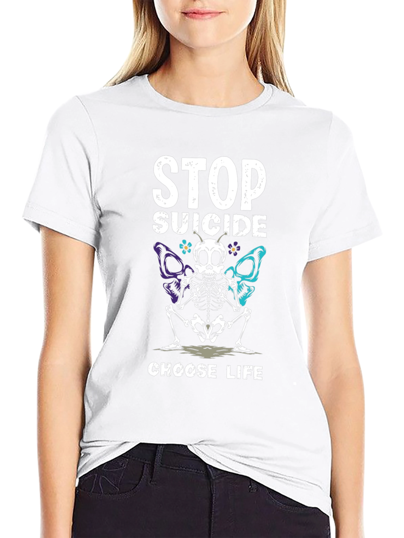 Stop Suicide T-Shirt Choose Life Skeleton Butterfly Tee