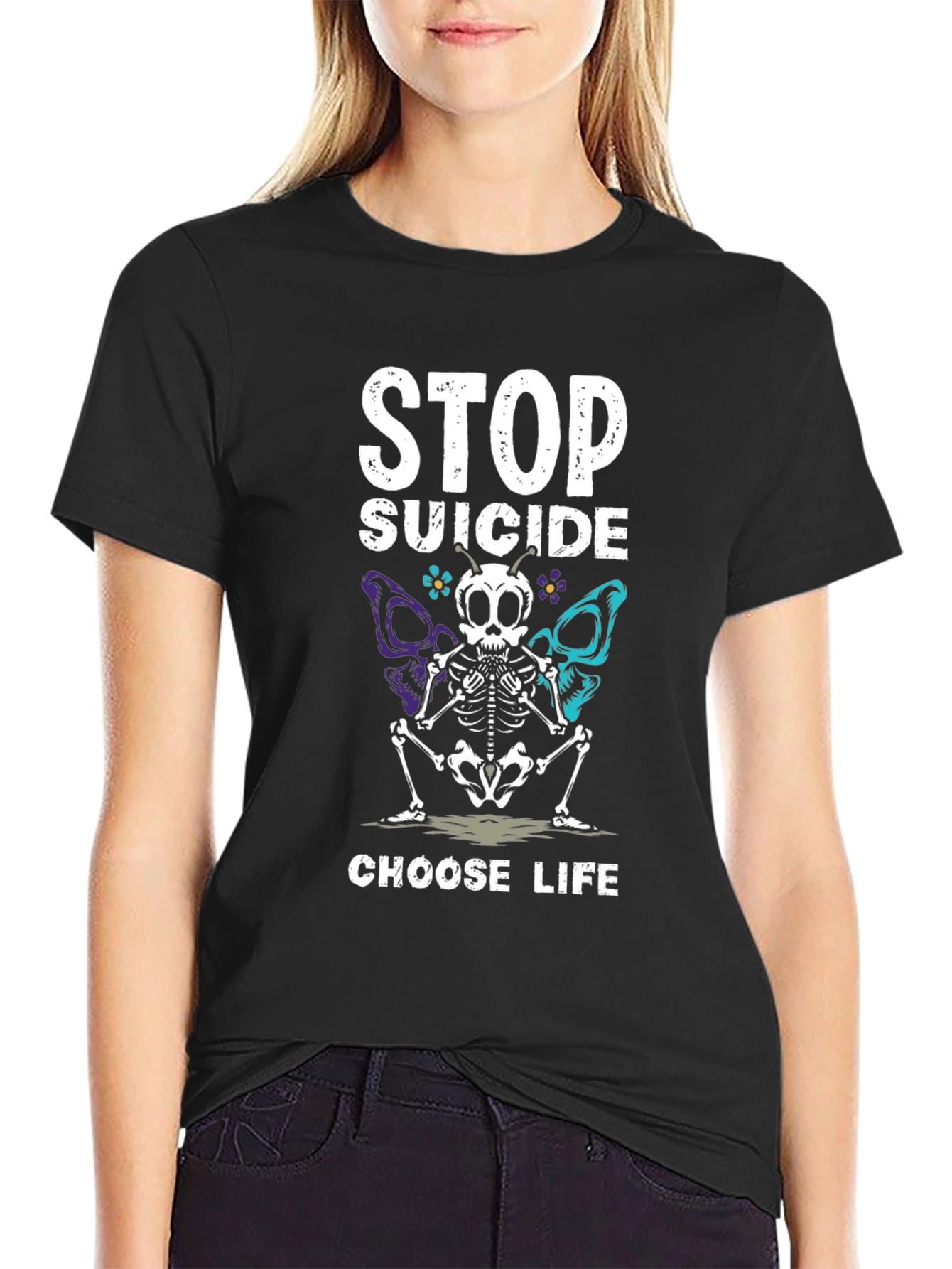 Stop Suicide T-Shirt Choose Life Skeleton Butterfly Tee