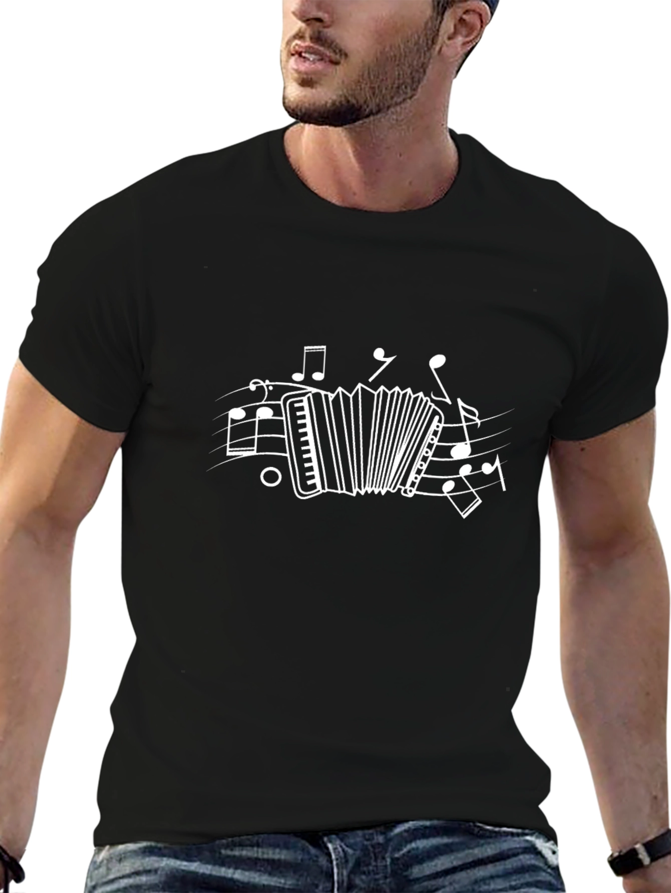 Accordion & Music Notes Graphic T-Shirt