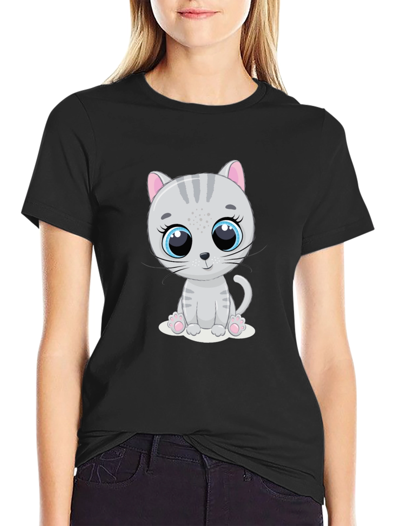Cute Cartoon Cat Graphic Print T-Shirt