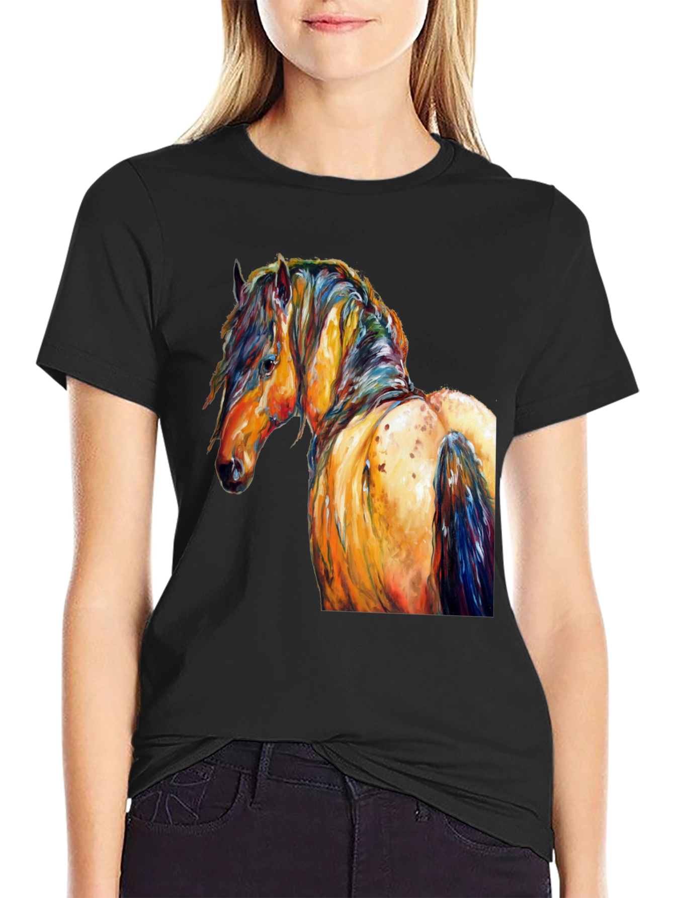 Vibrant Horse Art Print Black T-Shirt
