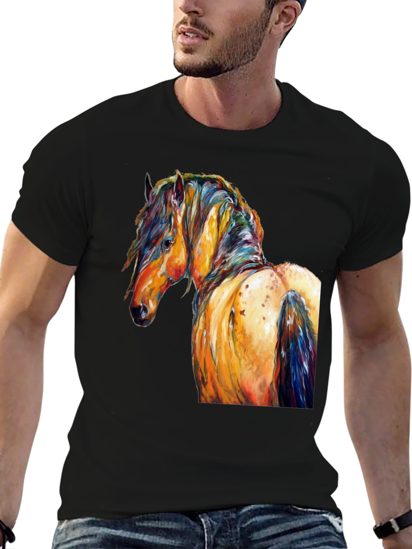 Vibrant Horse Art Print Black T-Shirt