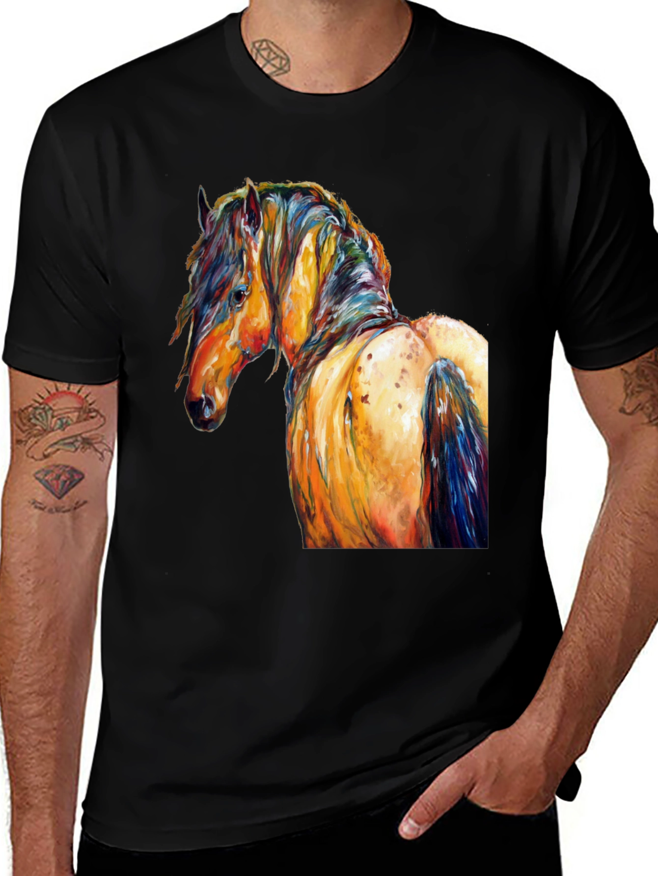 Vibrant Horse Art Print Black T-Shirt