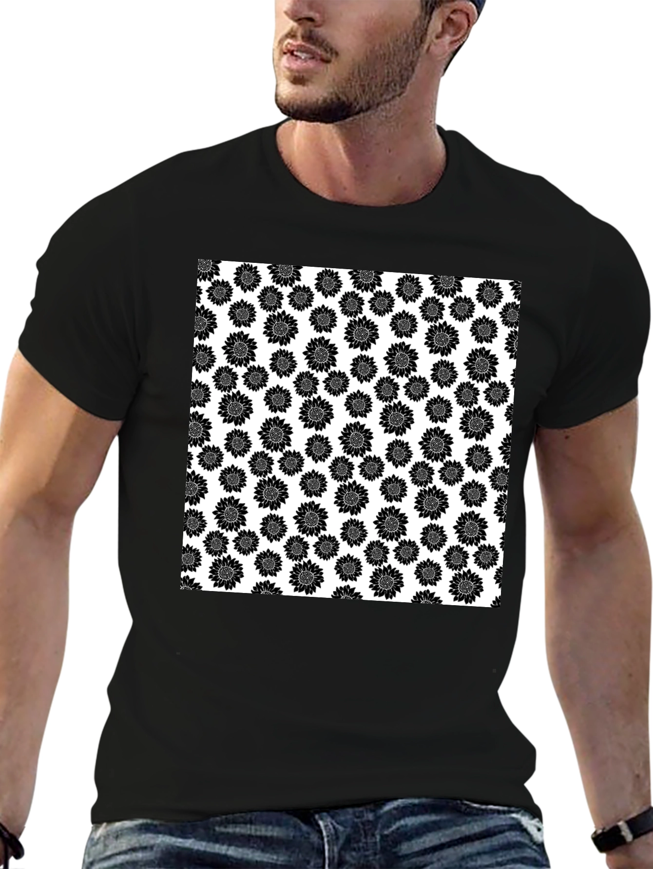 Sunflower Pattern T-Shirt - Black