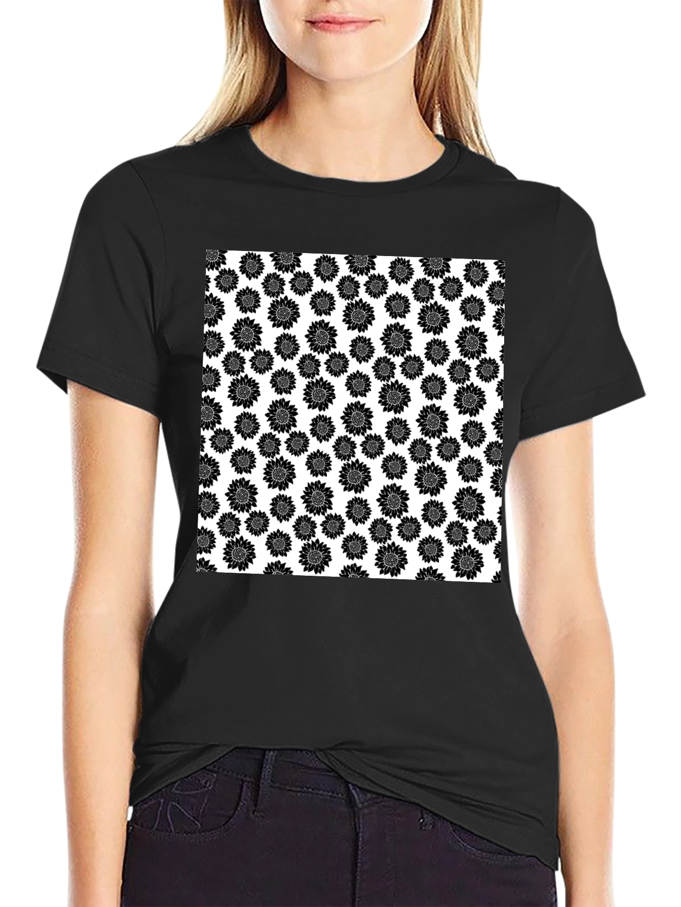 Sunflower Pattern T-Shirt - Black