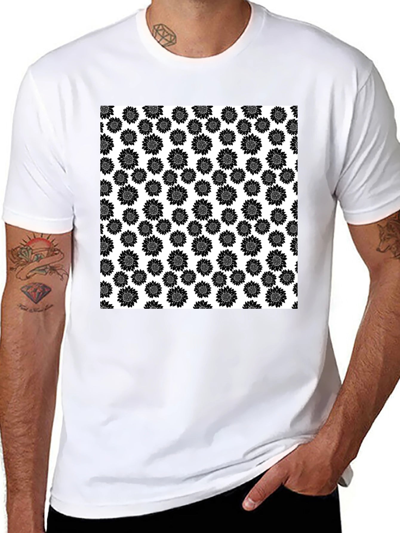 Sunflower Pattern T-Shirt - Black