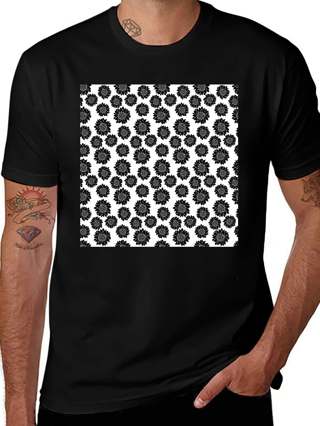 Sunflower Pattern T-Shirt - Black