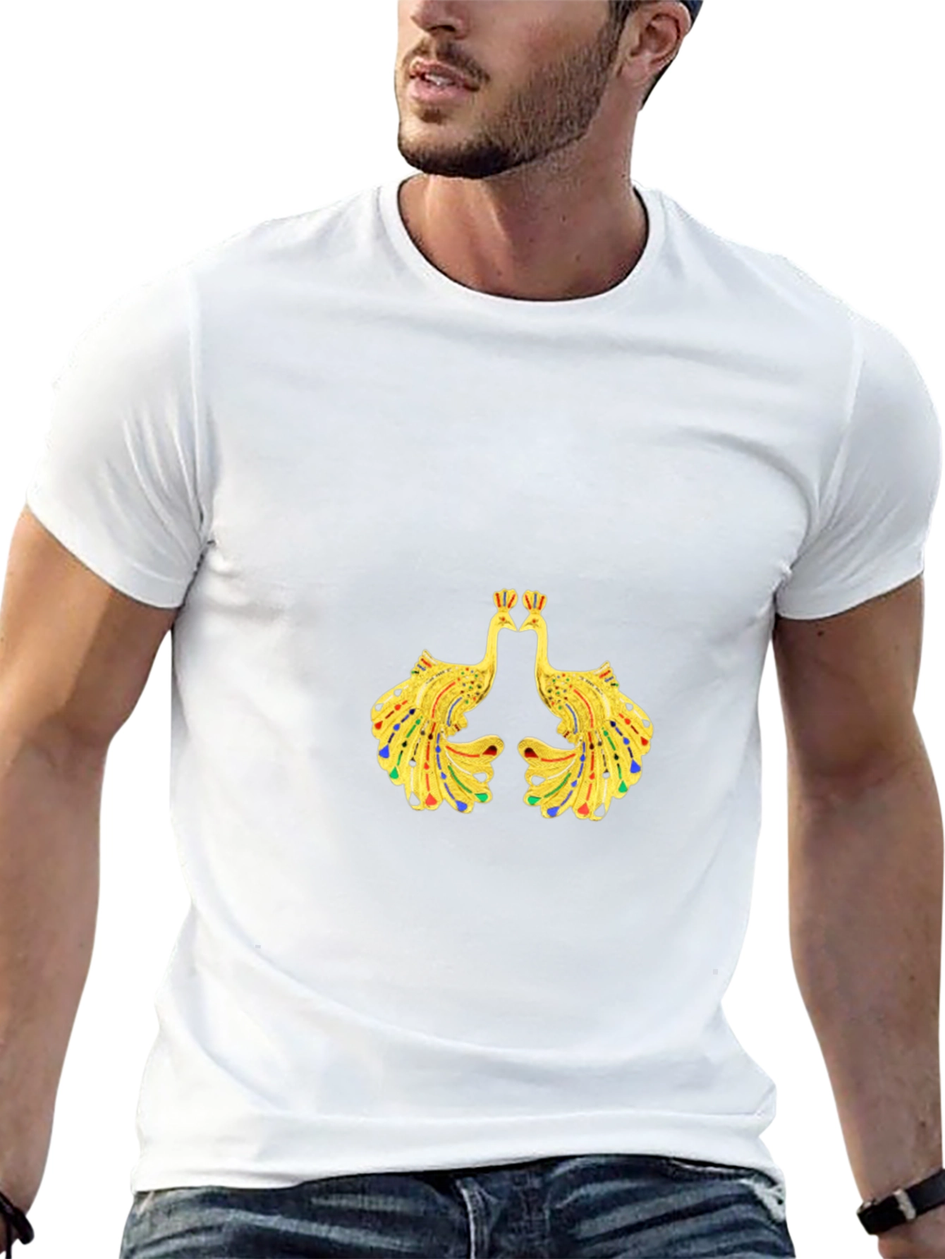 Mens Black Tee with Peacock Design