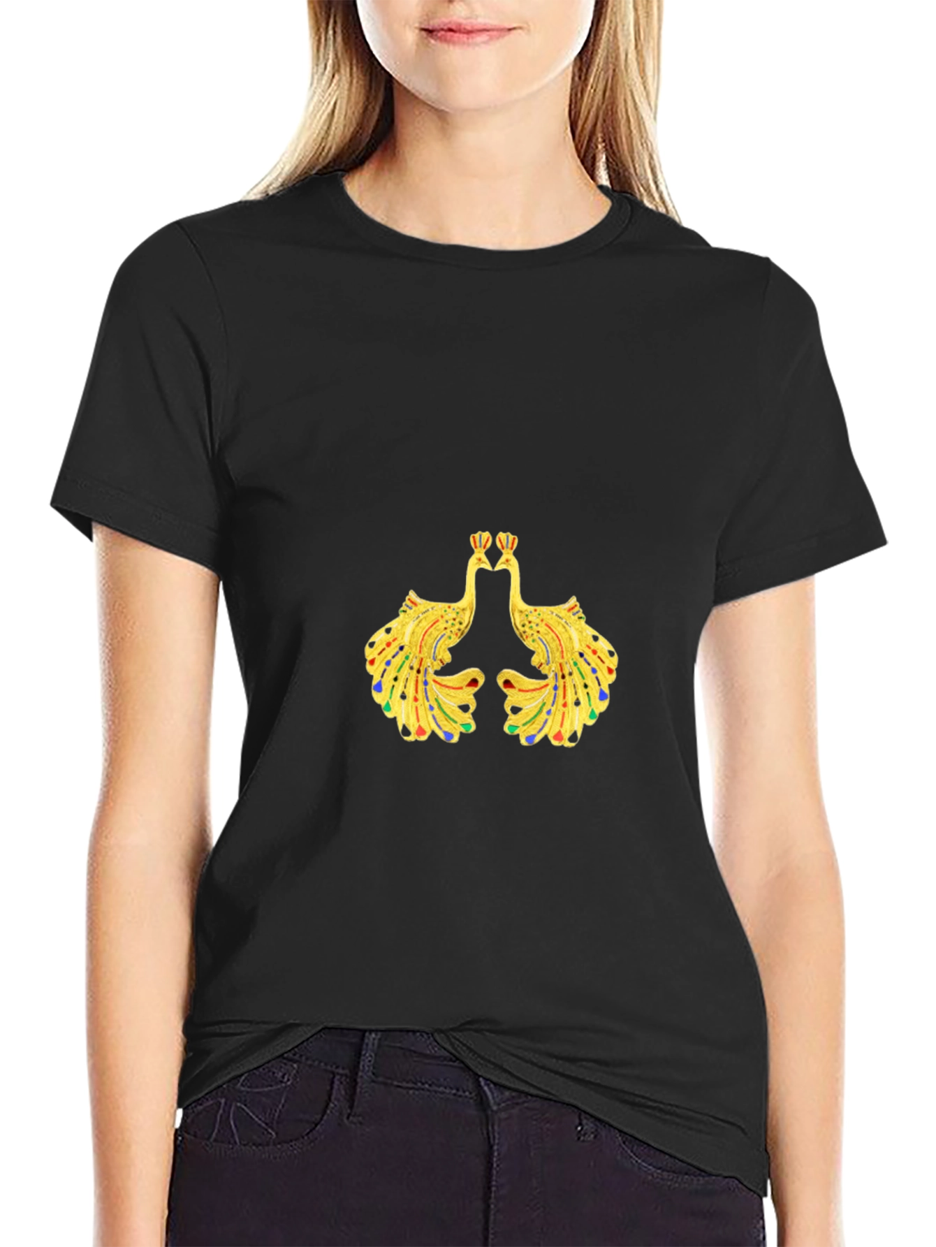 Mens Black Tee with Peacock Design