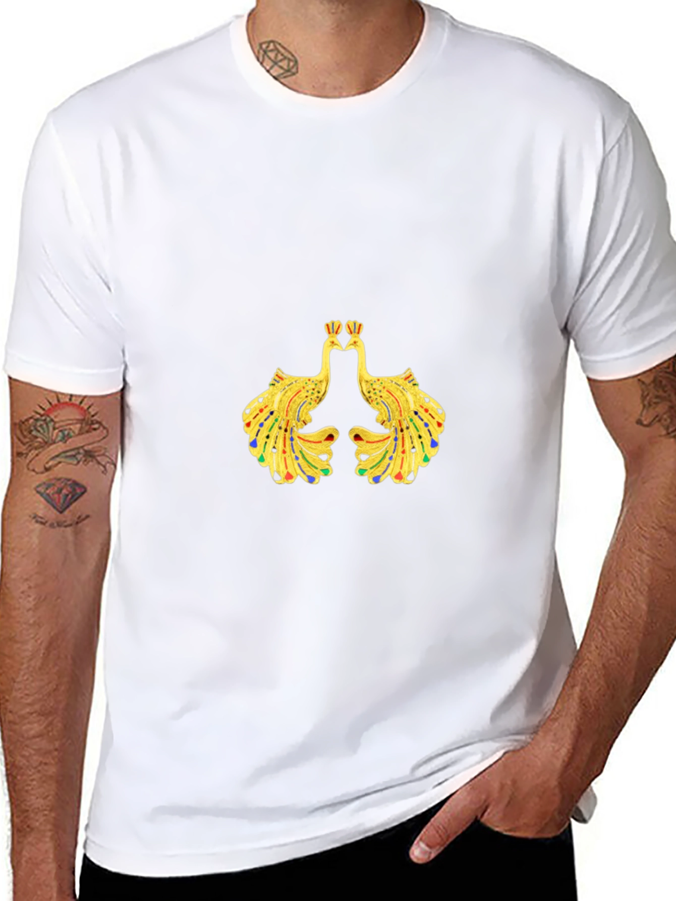 Mens Black Tee with Peacock Design