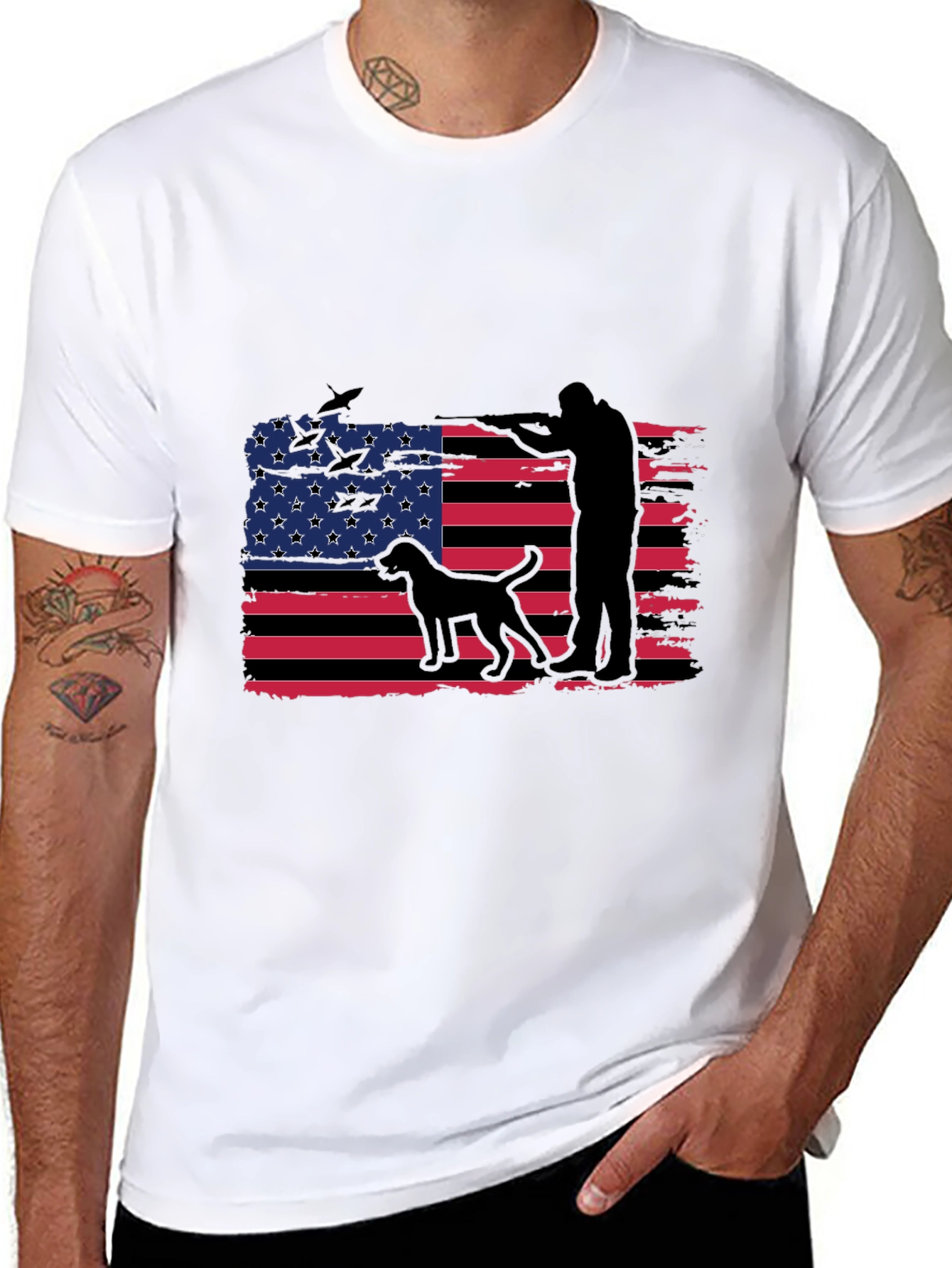 Mens American Flag Hunter Dog T-Shirt