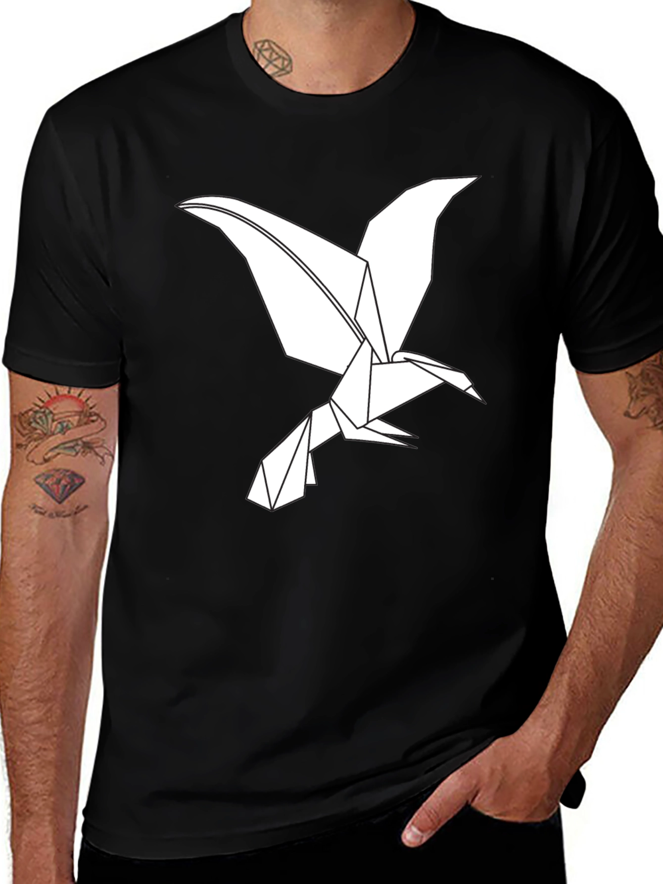 Origami Bird Graphic Tee - Black Cotton T-Shirt