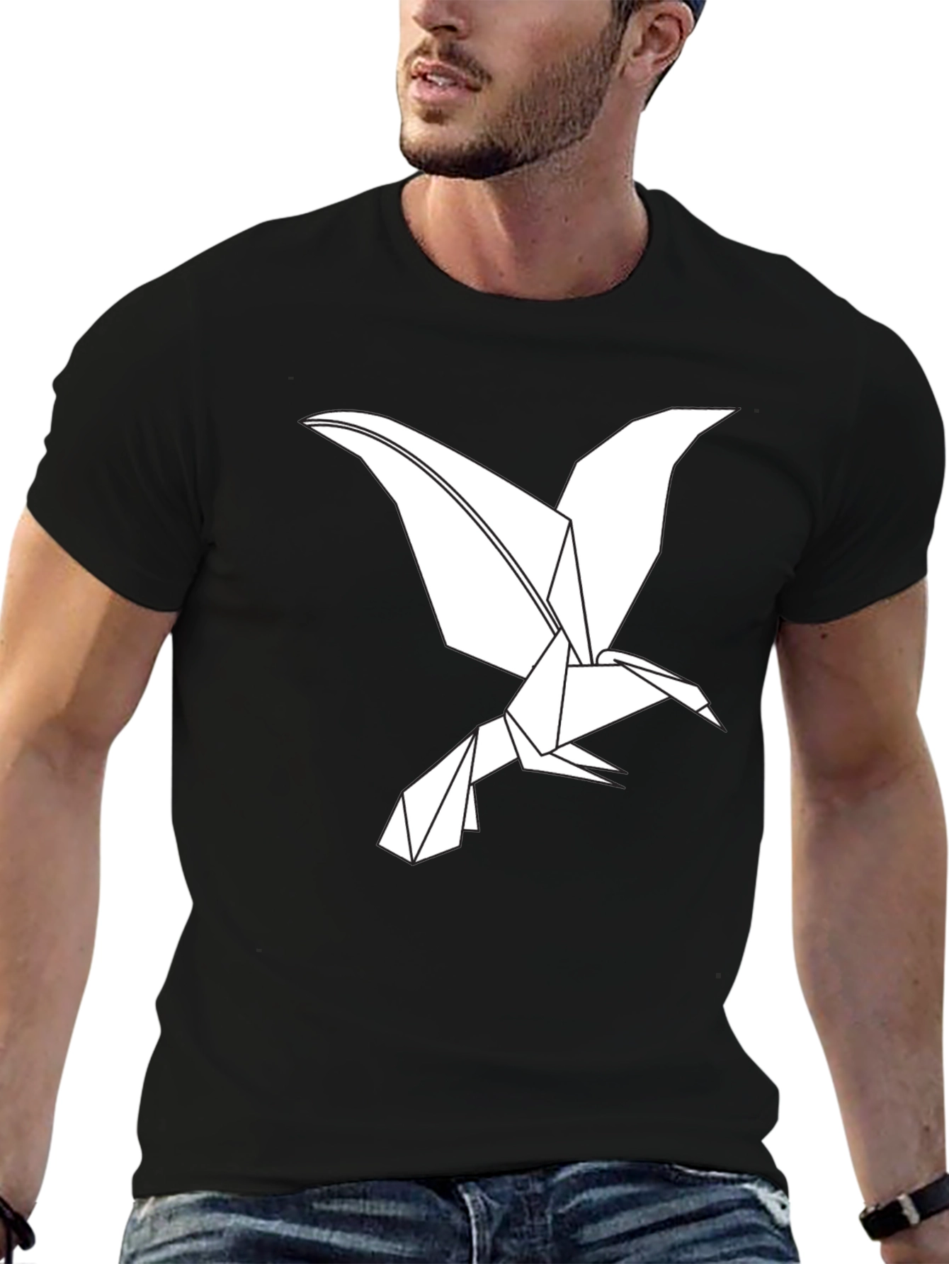 Origami Bird Graphic Tee - Black Cotton T-Shirt