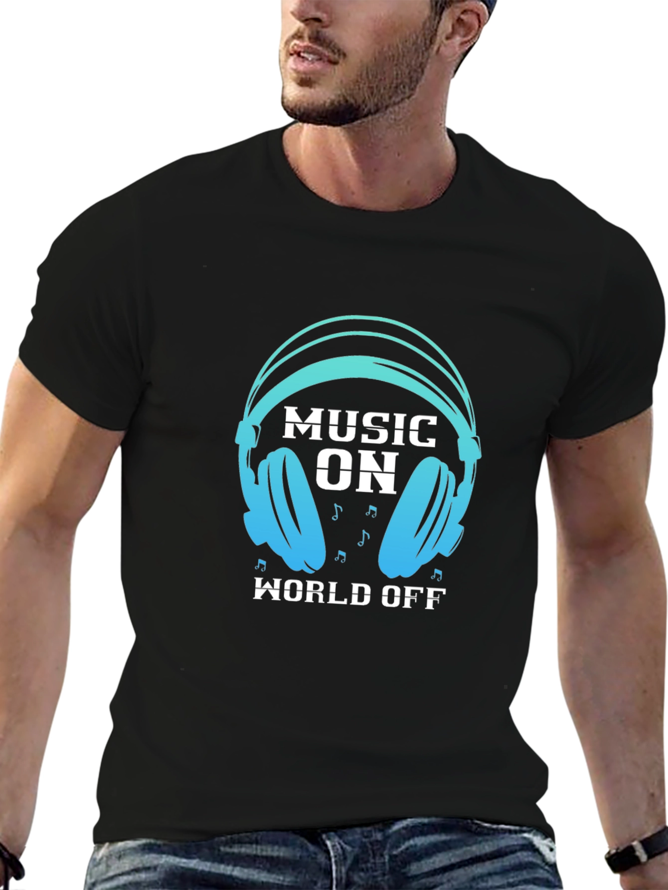 Music On World Off Black Graphic Tee