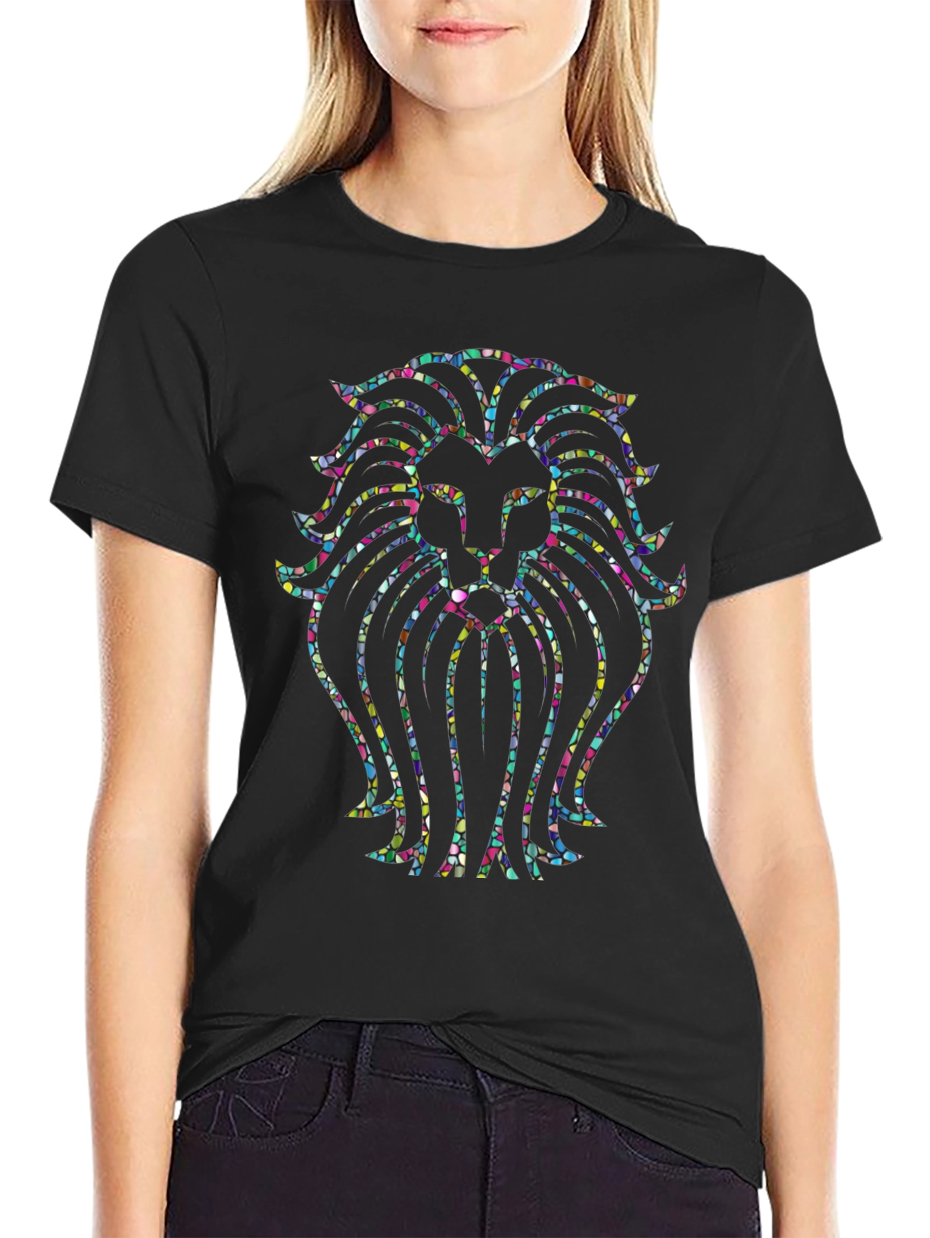 Vibrant Lion Head Graphic Tee - Black