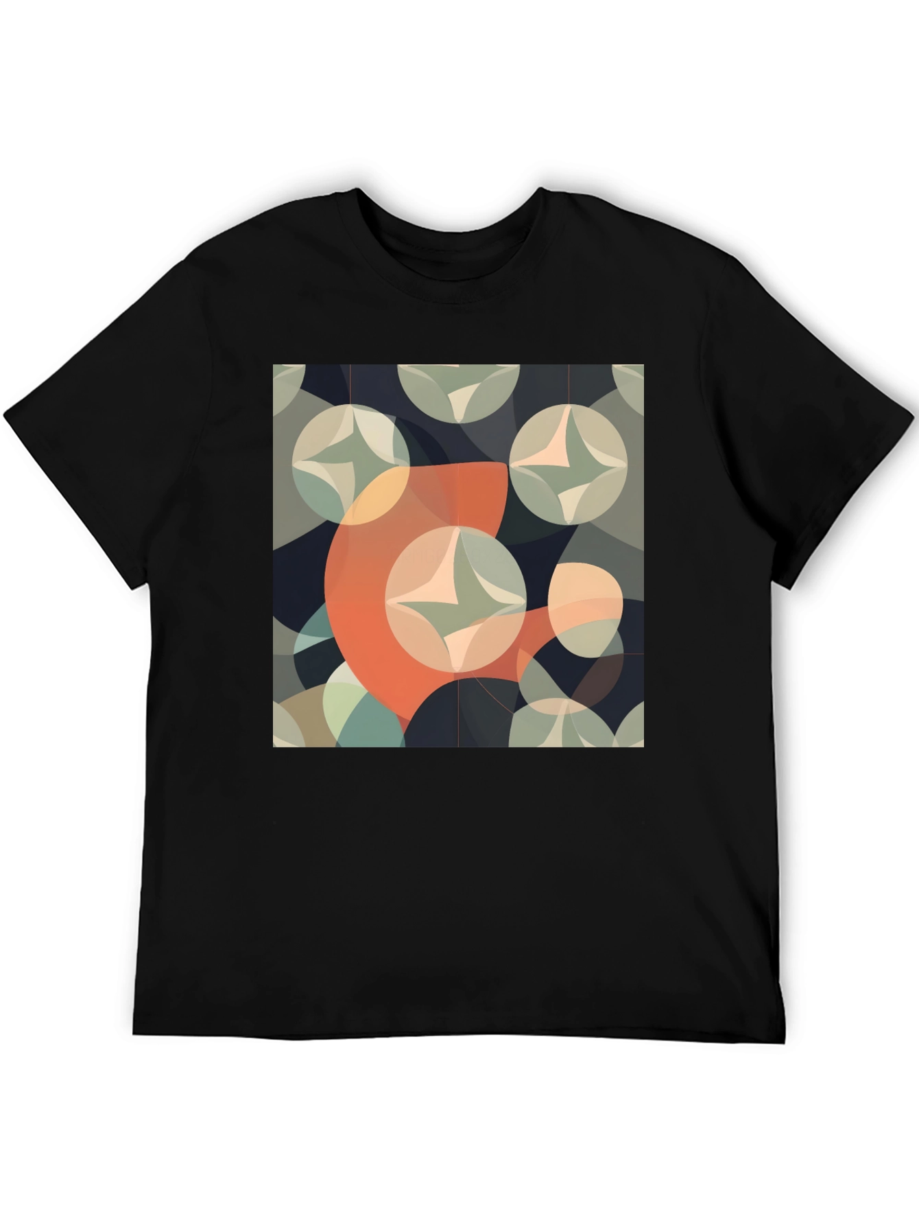 Retro Geometric Circle Pattern Black T-Shirt