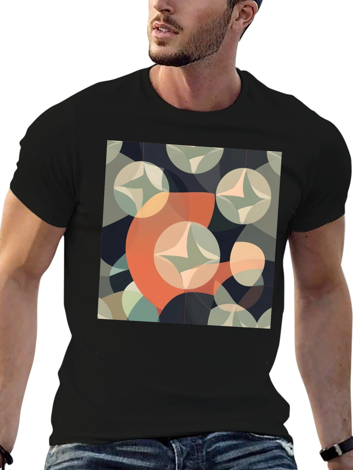 Retro Geometric Circle Pattern Black T-Shirt