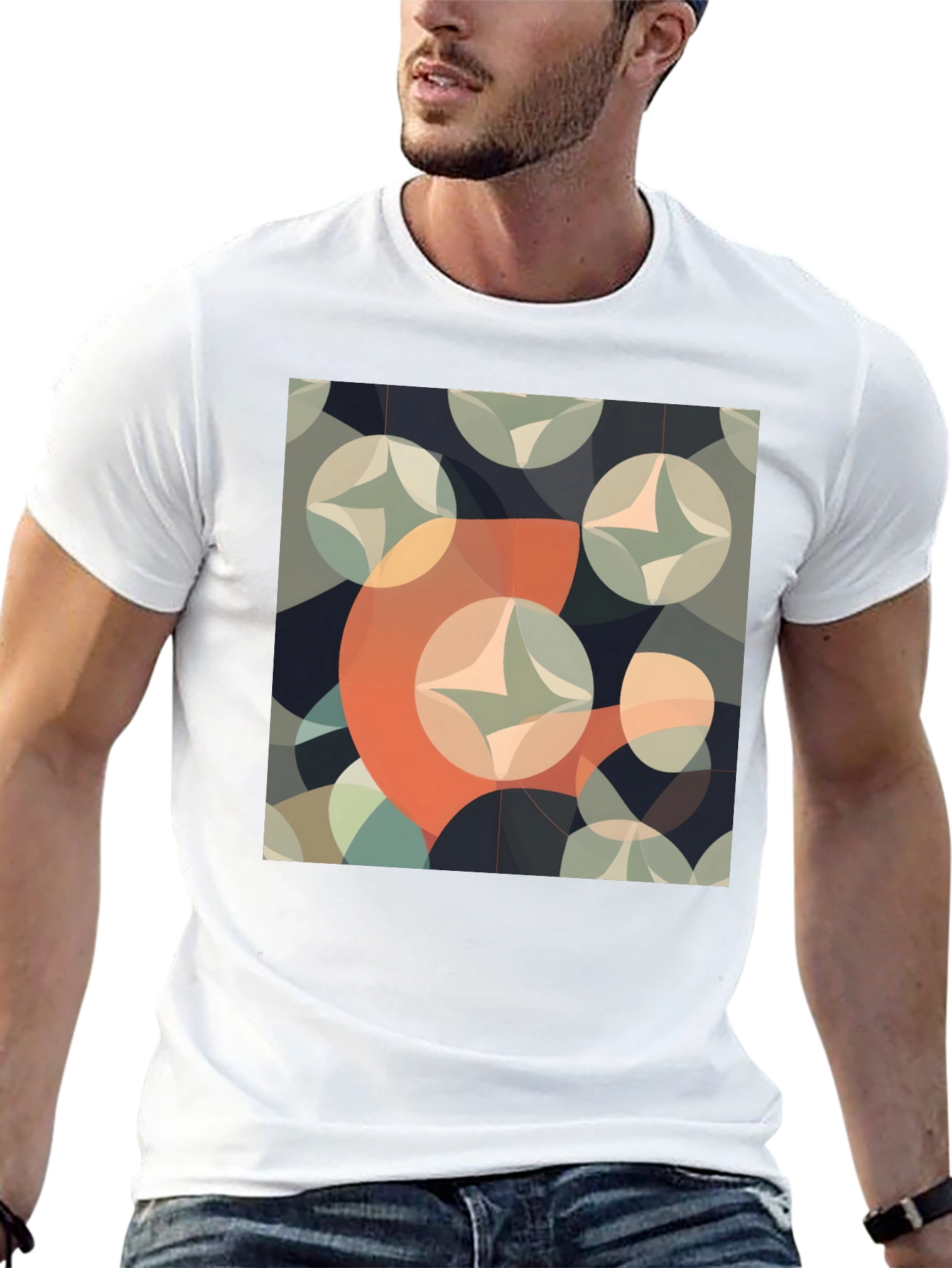Retro Geometric Circle Pattern Black T-Shirt