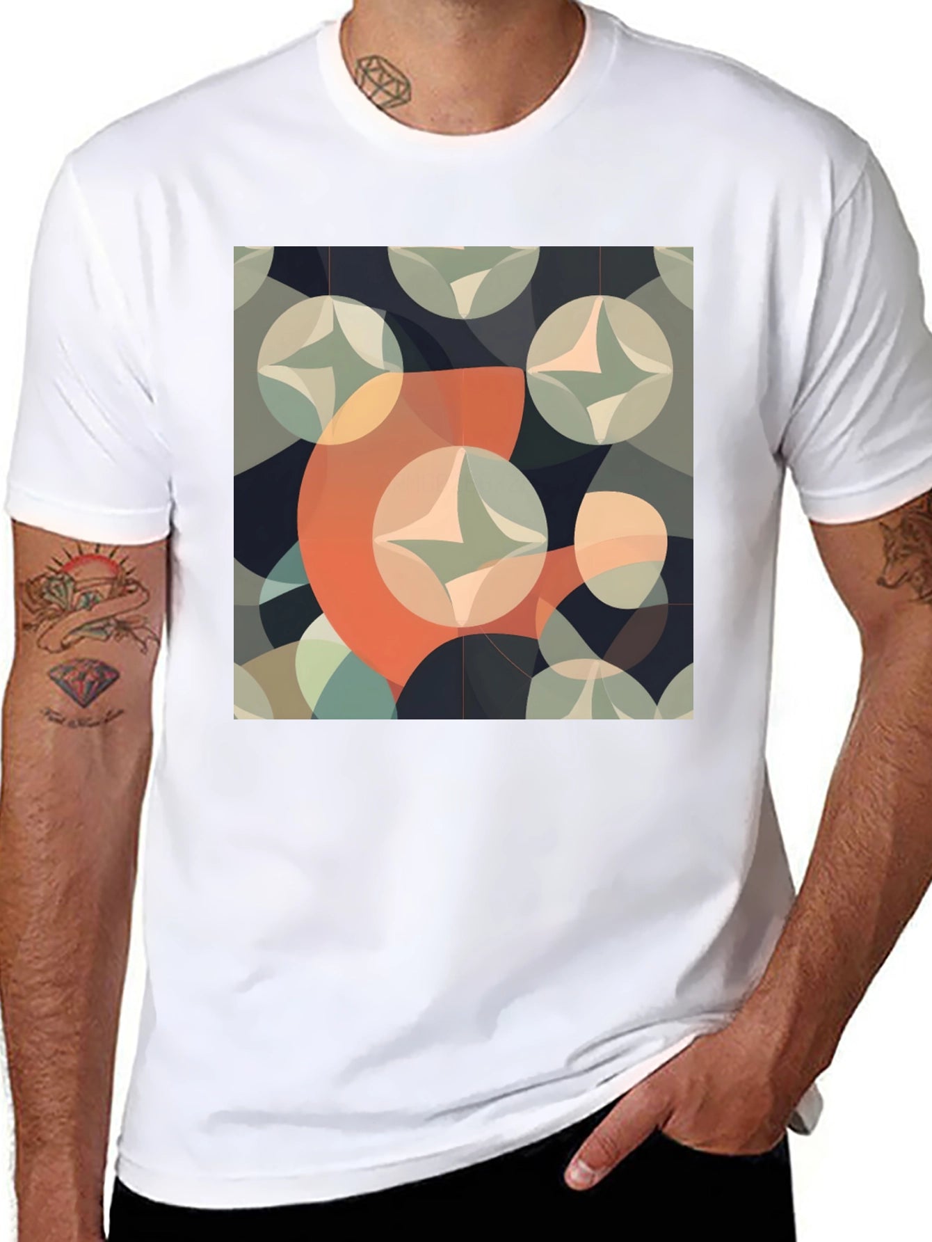Retro Geometric Circle Pattern Black T-Shirt