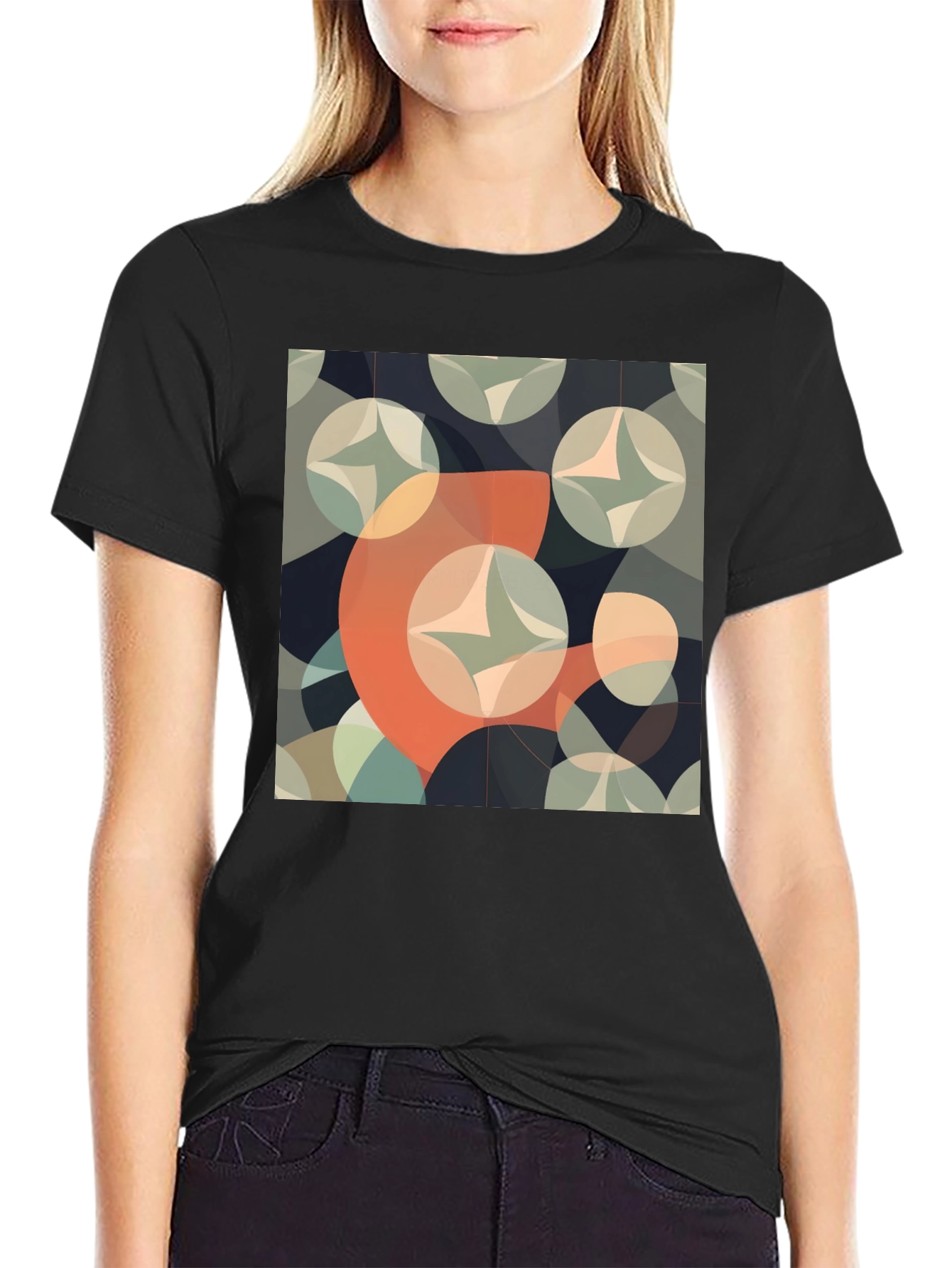 Retro Geometric Circle Pattern Black T-Shirt