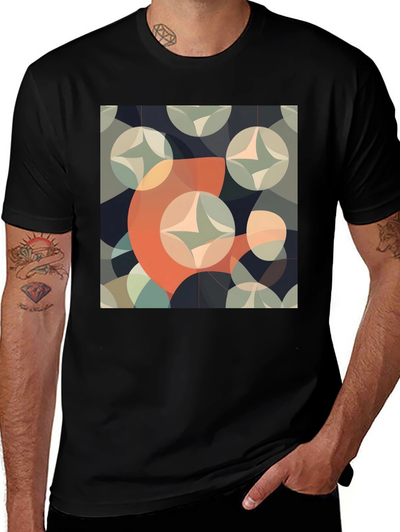 Retro Geometric Circle Pattern Black T-Shirt