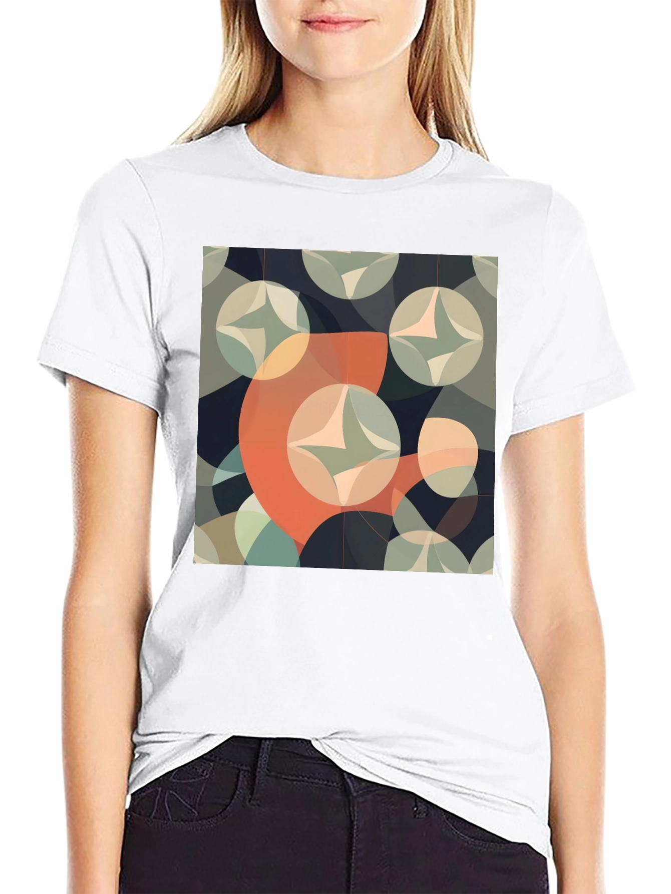 Retro Geometric Circle Pattern Black T-Shirt
