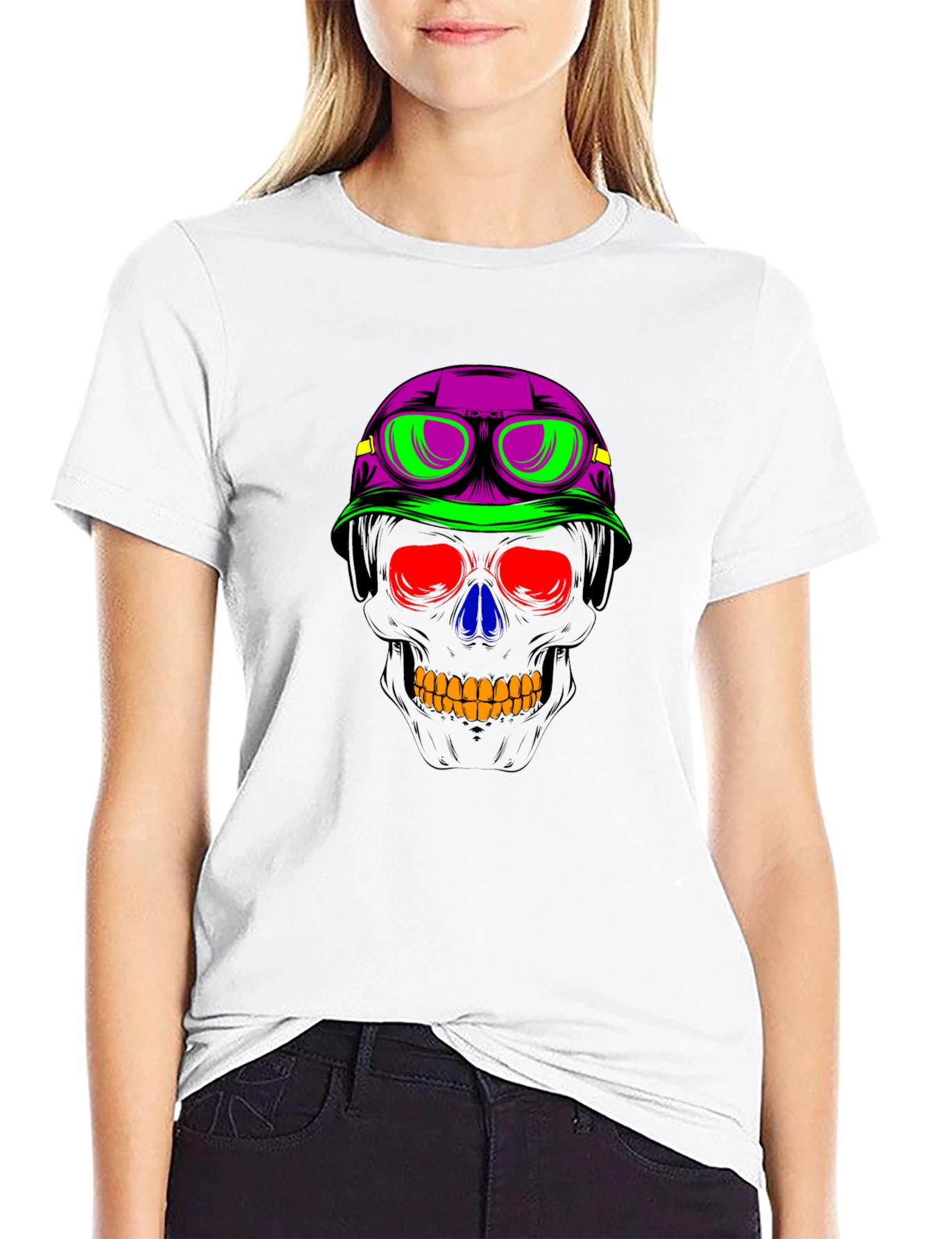 Neon Skull Biker Helmet Graphic Tee