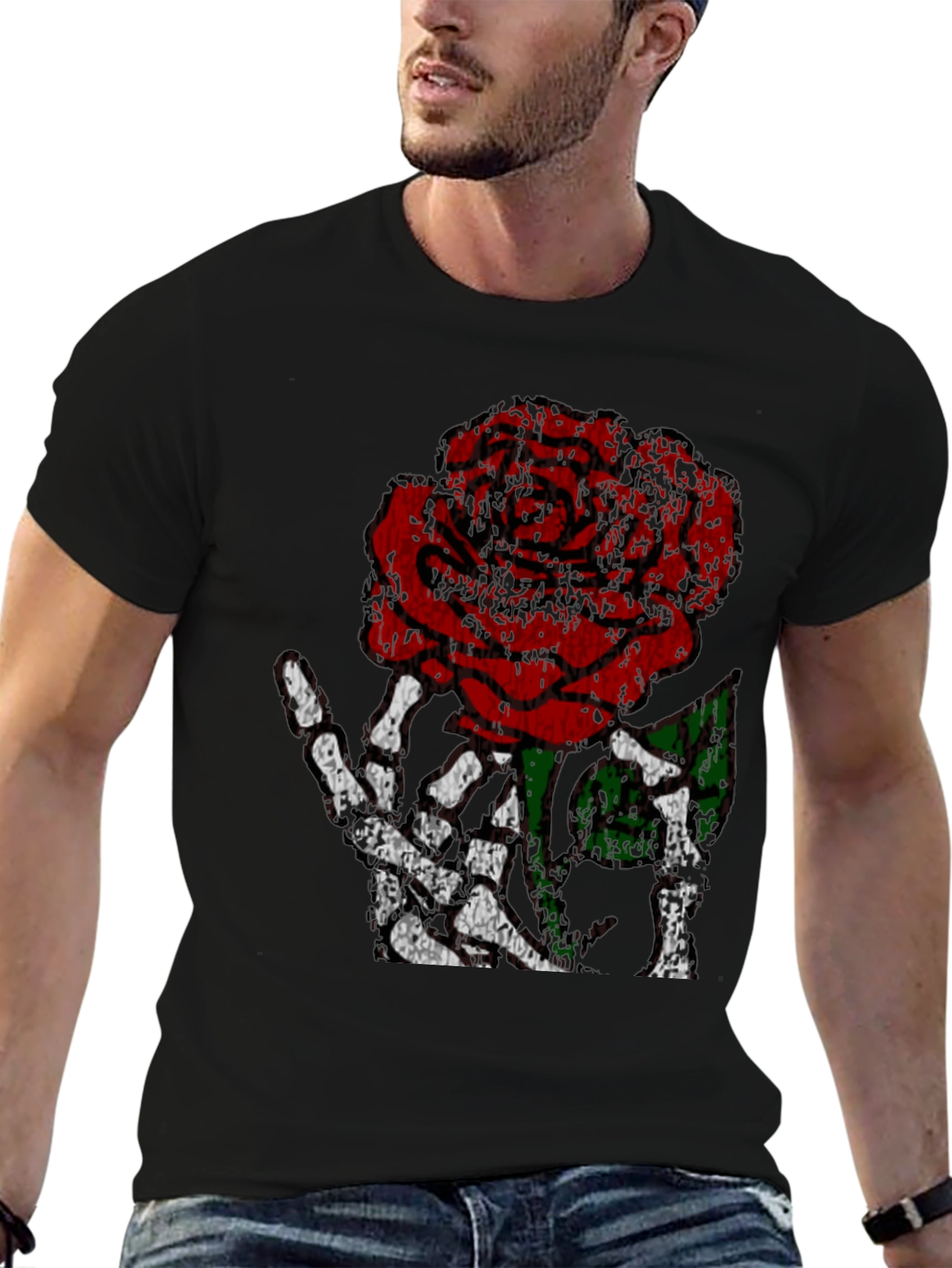 Rose Skeleton Hand Graphic Tee - Edgy Black T-Shirt