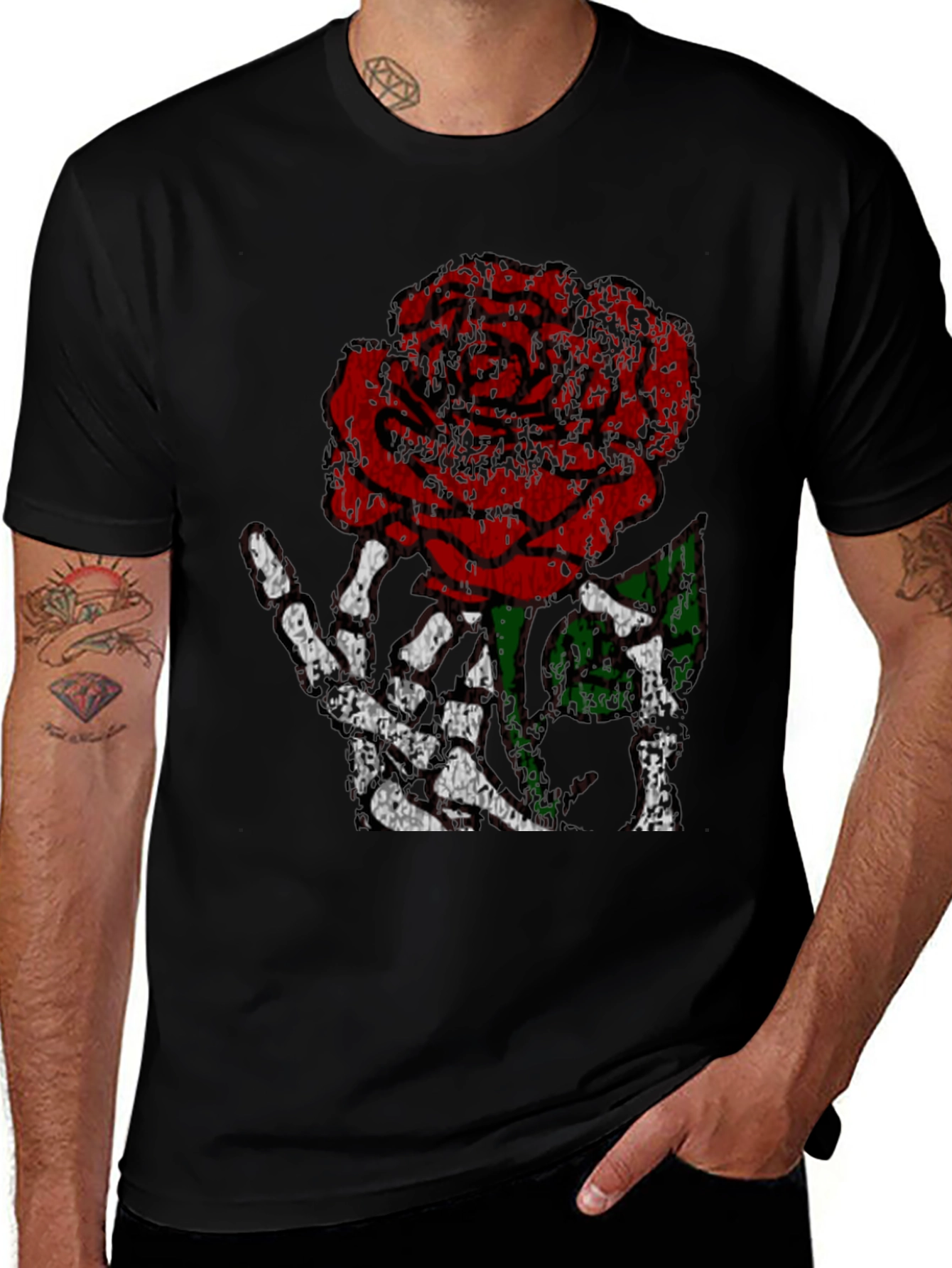 Rose Skeleton Hand Graphic Tee - Edgy Black T-Shirt