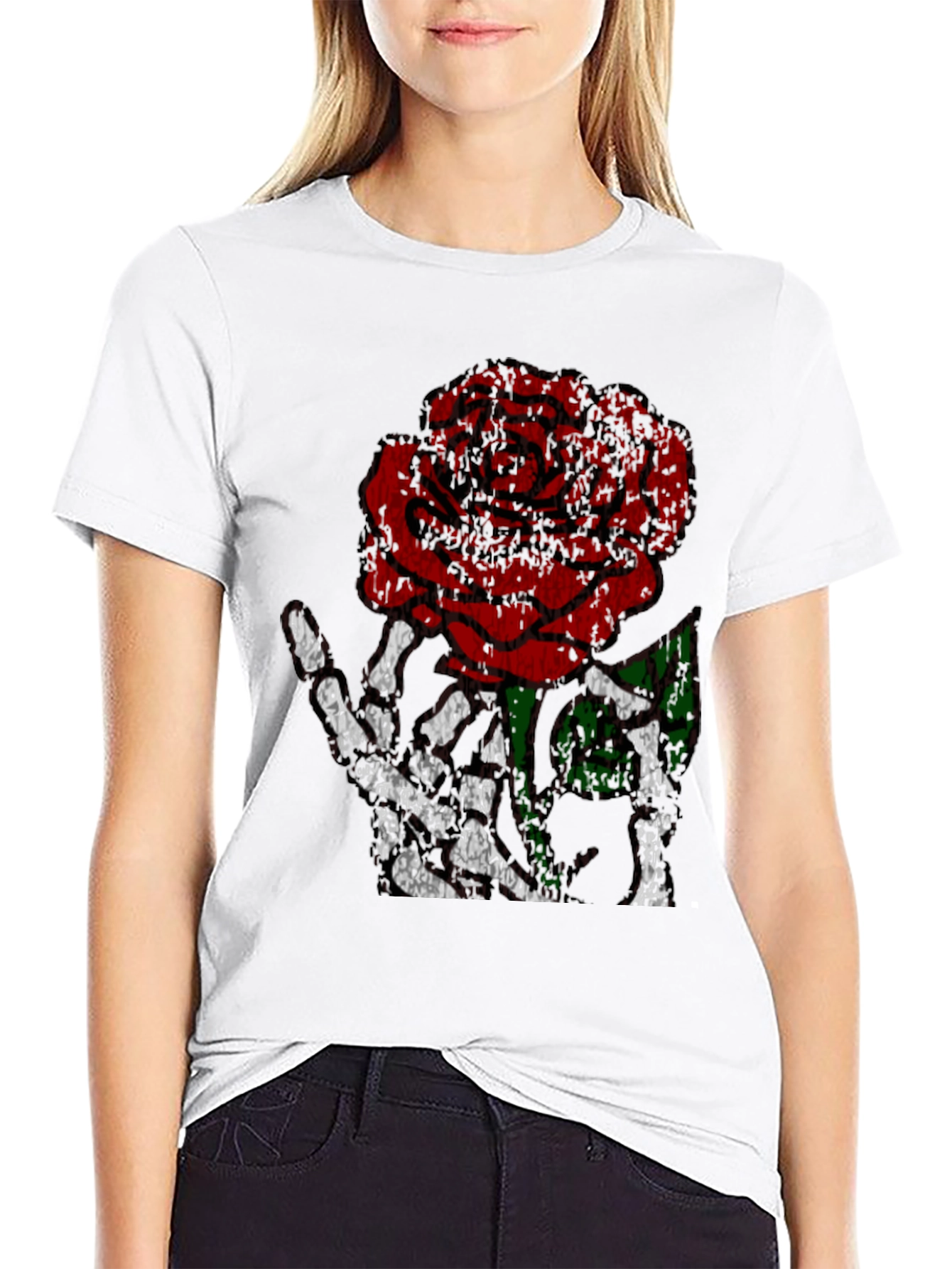 Rose Skeleton Hand Graphic Tee - Edgy Black T-Shirt
