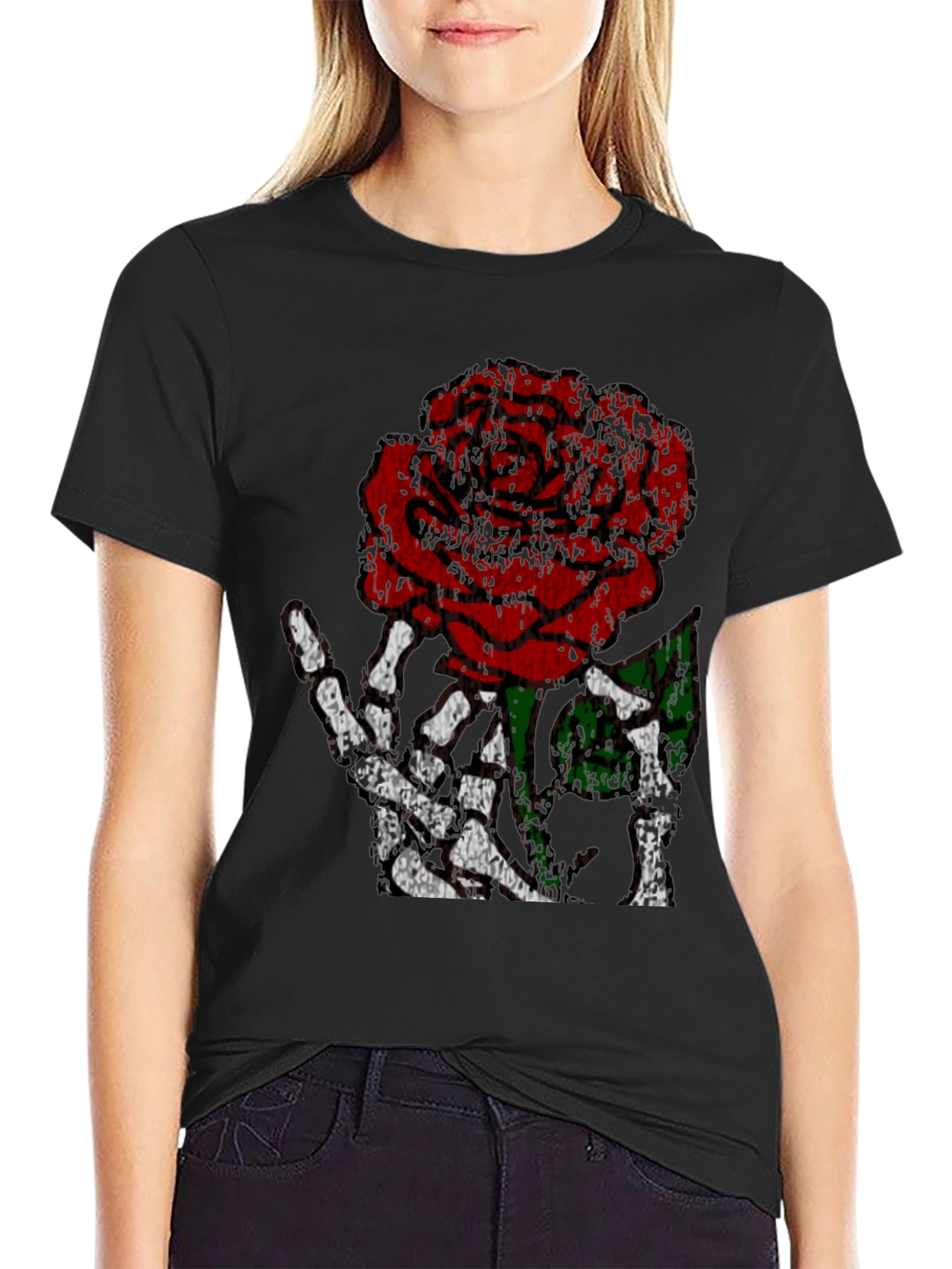 Rose Skeleton Hand Graphic Tee - Edgy Black T-Shirt