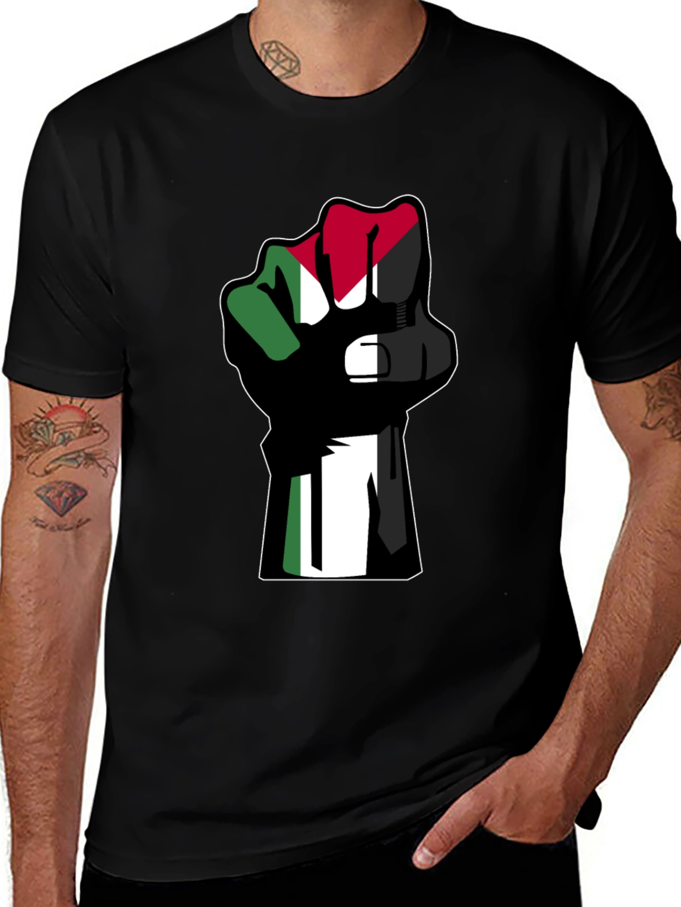 Flag Fist Black T-Shirt - Palestine Solidarity