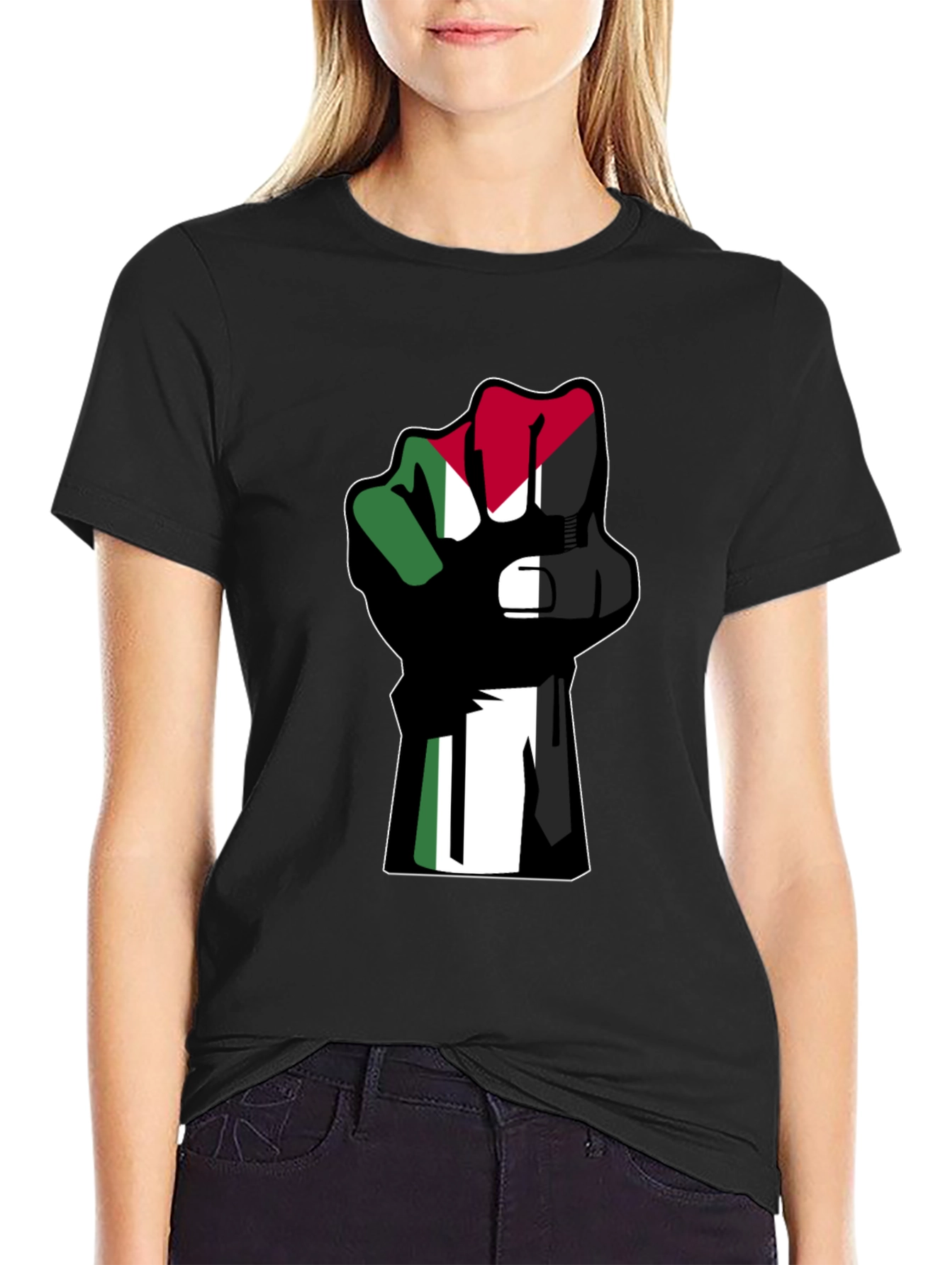 Flag Fist Black T-Shirt - Palestine Solidarity
