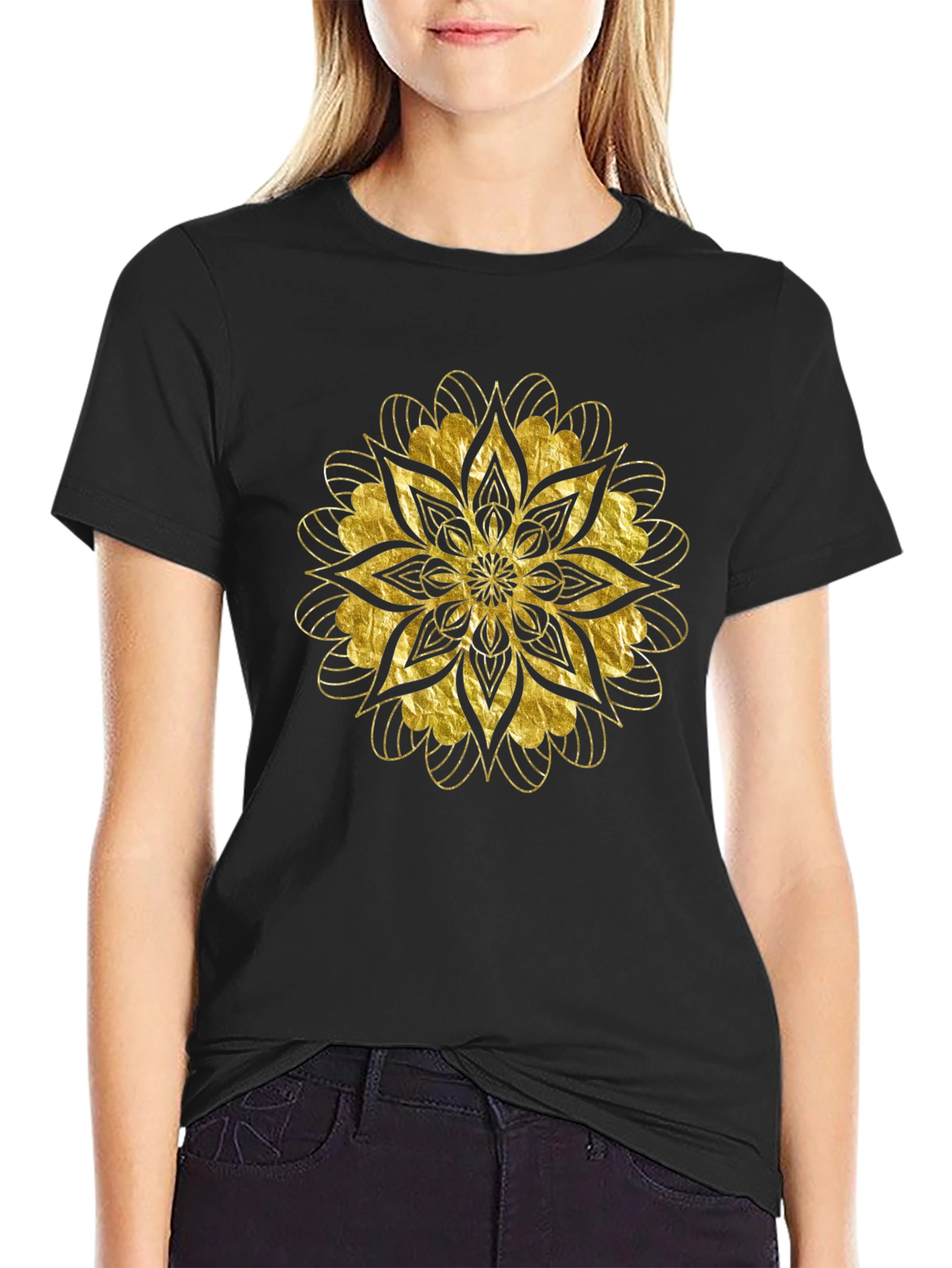 Golden Mandala Graphic Black T-Shirt