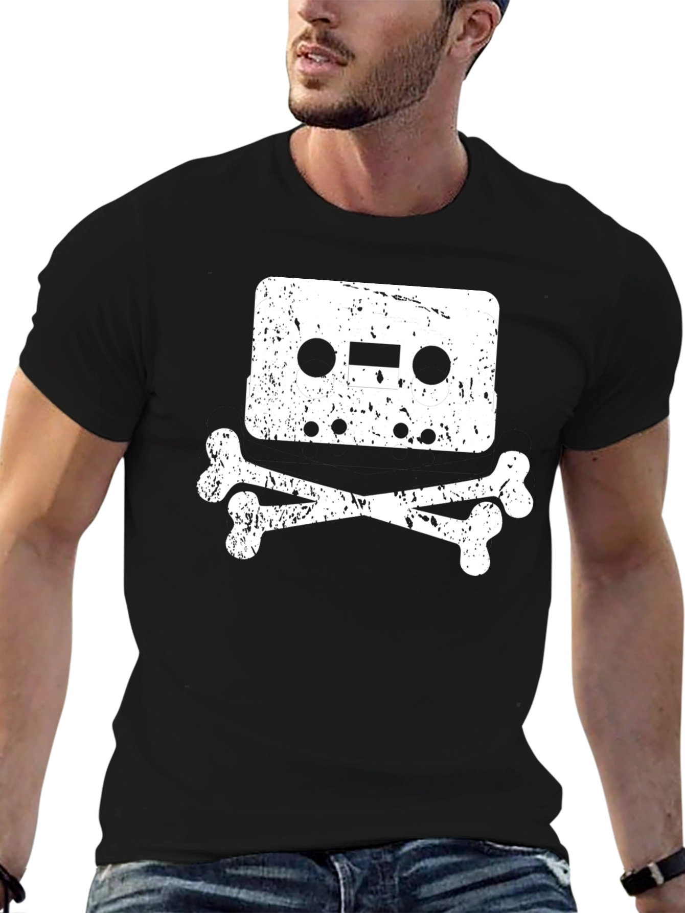 Cassette Tape Skull Graphic T-Shirt - Black