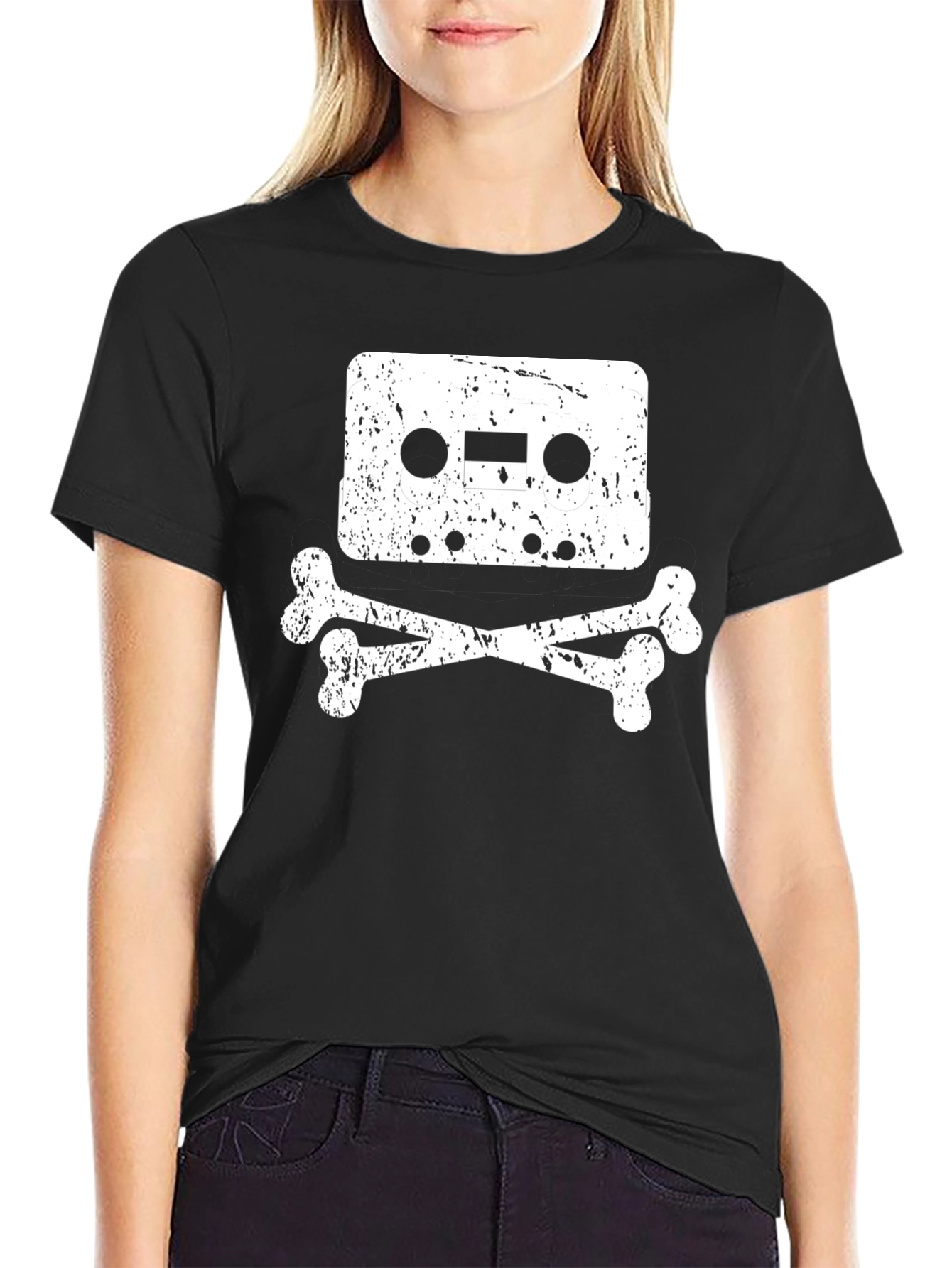 Cassette Tape Skull Graphic T-Shirt - Black