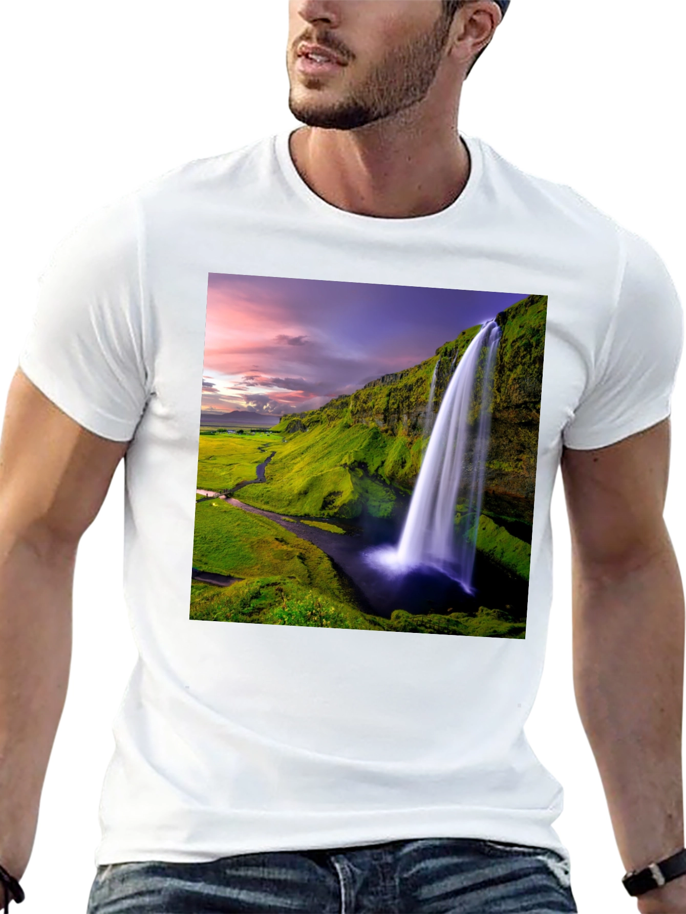 Waterfall Graphic T-Shirt - Scenic Iceland Landscape Print