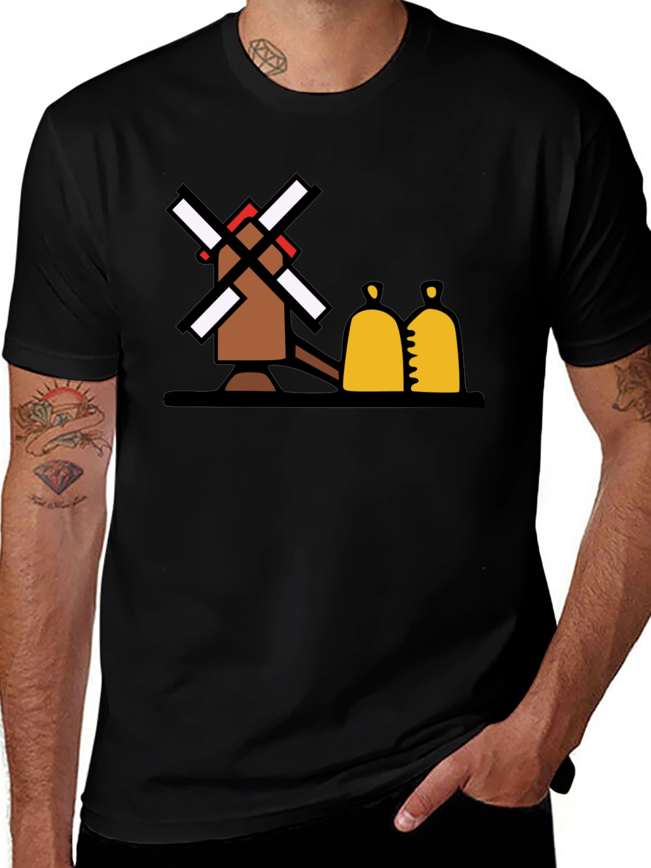 Novelty Windmill Graphic Tee - Black Cotton Blend